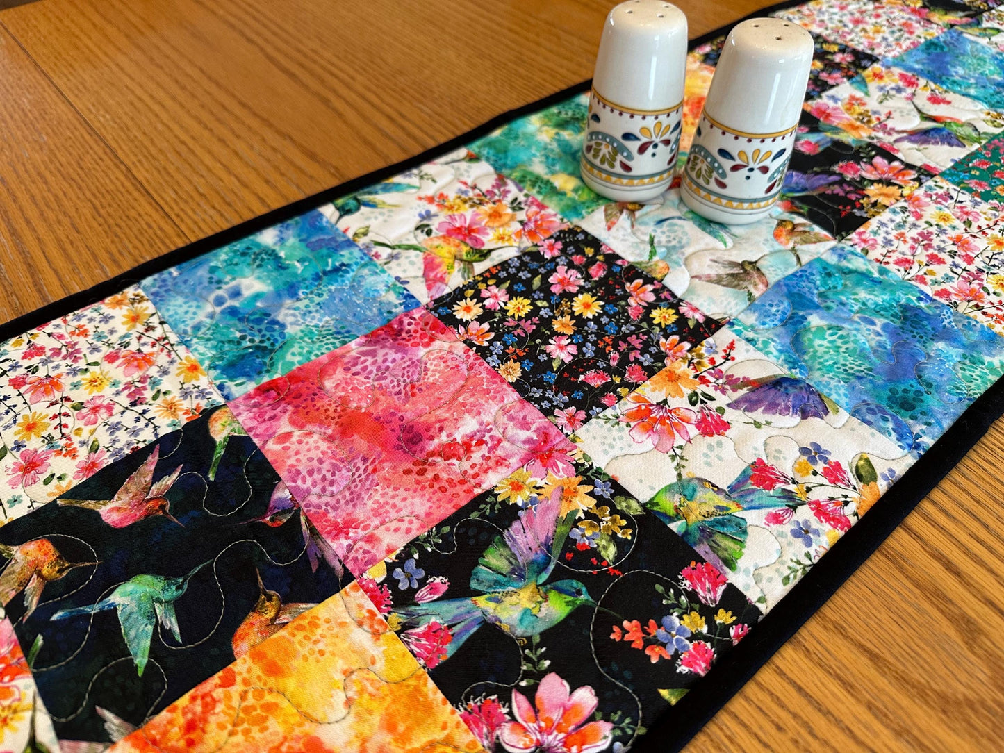 Reversible Quilted Table Runner: Hummingbirds & Flowers, 13 x 60, Kitchen Centerpiece, Dining Room Decor