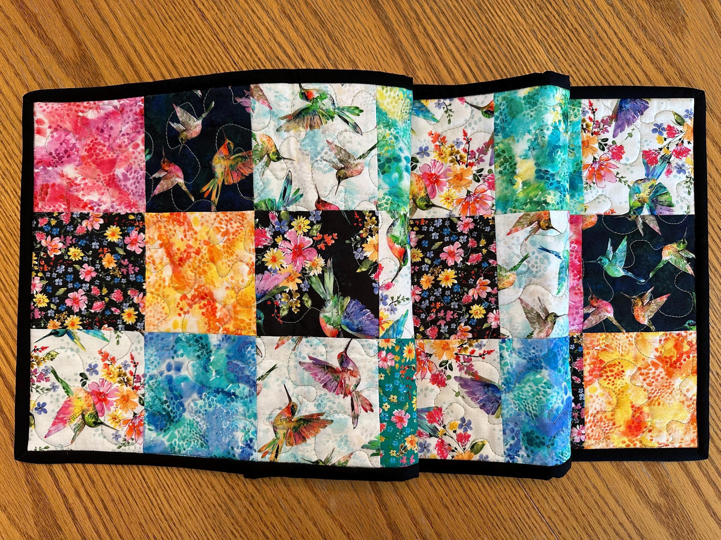 Reversible Quilted Table Runner: Hummingbirds & Flowers, 13 x 60, Kitchen Centerpiece, Dining Room Decor