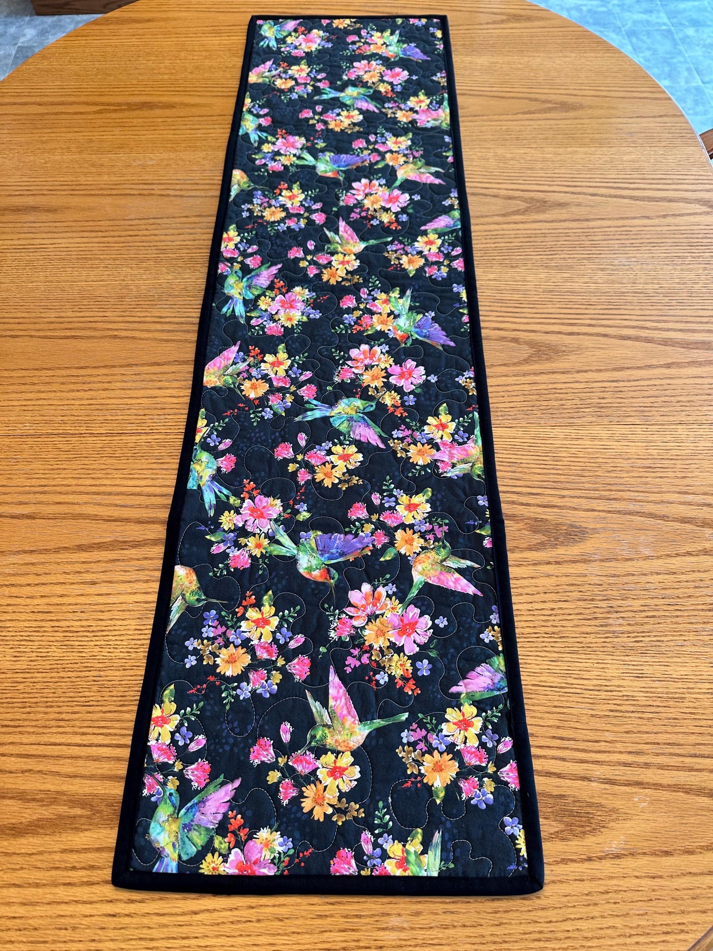 Reversible Quilted Table Runner: Hummingbirds & Flowers, 13 x 48, Kitchen Centerpiece, Dining Room, Housewarming