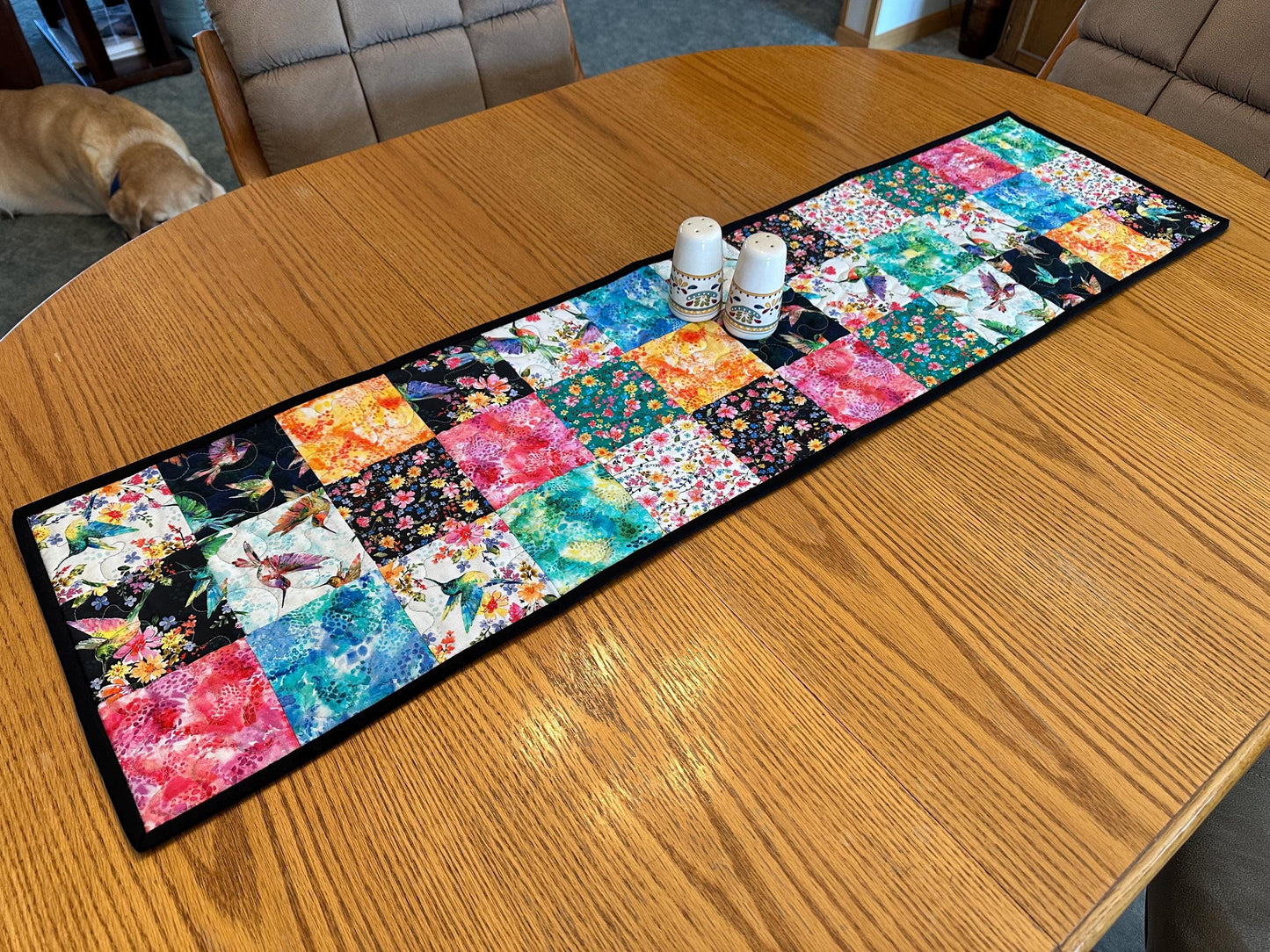 Reversible Quilted Table Runner: Hummingbirds & Flowers, 13 x 48, Kitchen Centerpiece, Dining Room, Housewarming