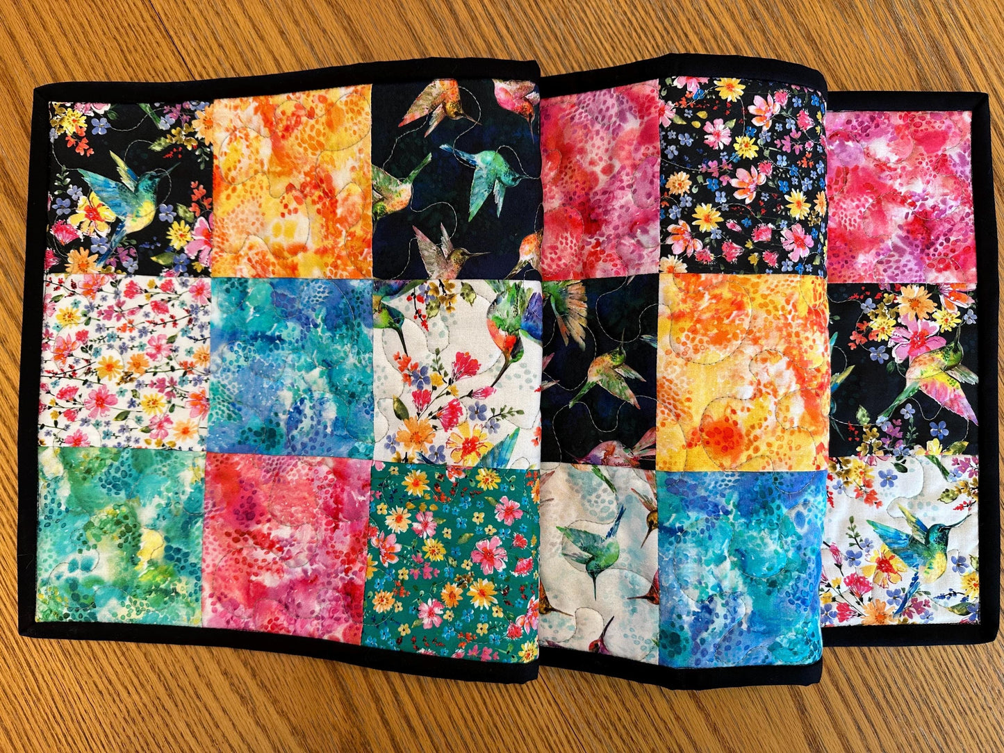 Reversible Quilted Table Runner: Hummingbirds & Flowers, 13 x 48, Kitchen Centerpiece, Dining Room, Housewarming