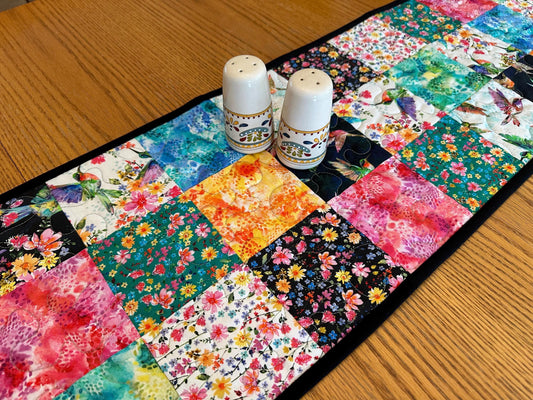 Reversible Quilted Table Runner: Hummingbirds & Flowers, 13 x 48, Kitchen Centerpiece, Dining Room, Housewarming