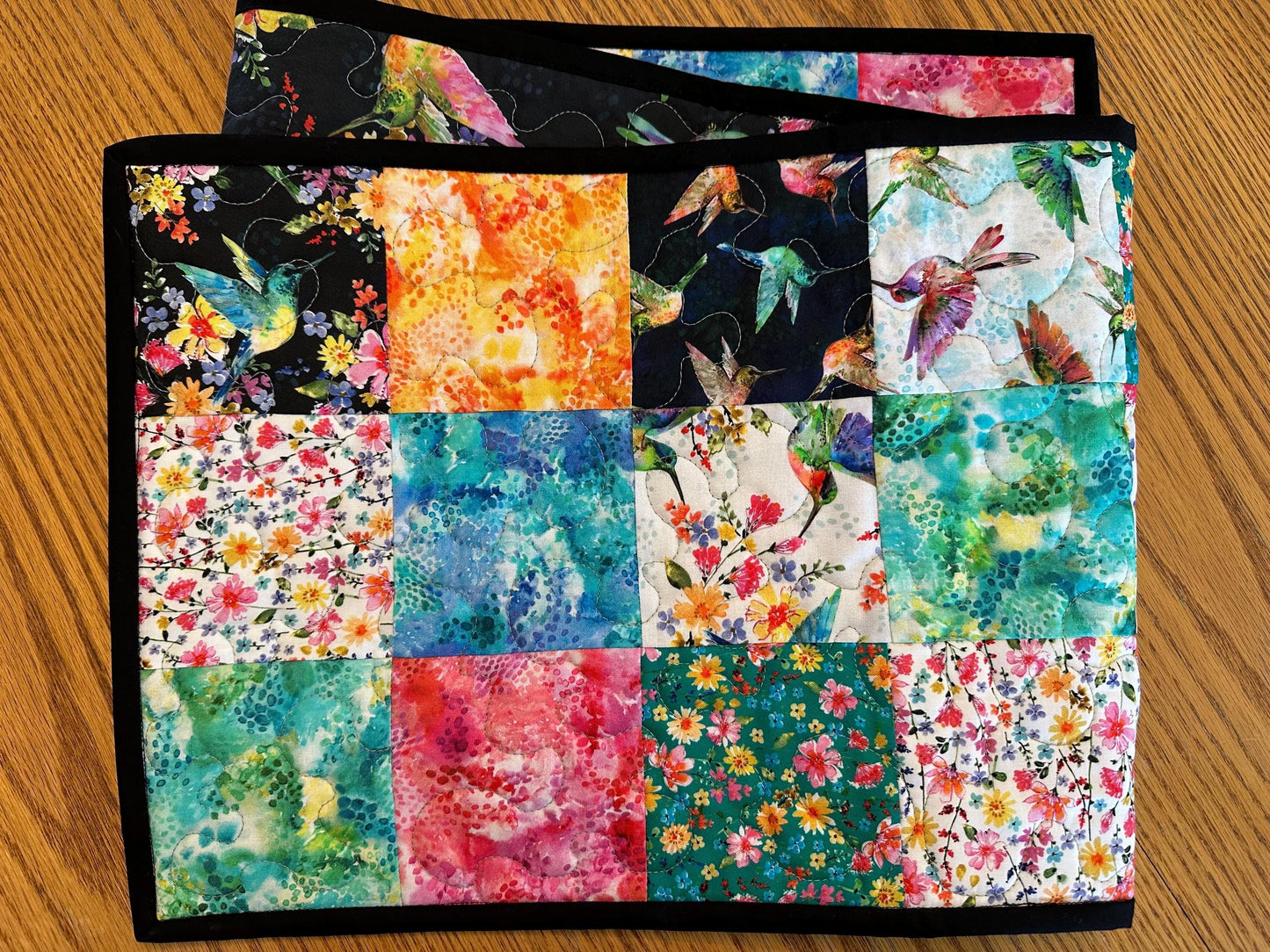 Reversible Quilted Table Runner: Hummingbirds & Flowers, 13 x 48, Kitchen Centerpiece, Dining Room, Housewarming