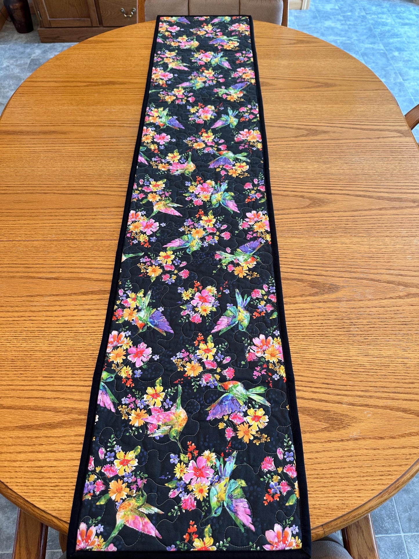 Reversible Quilted Table Runner: Hummingbirds & Flowers, 13 x 60, Kitchen Centerpiece, Dining Room Decor