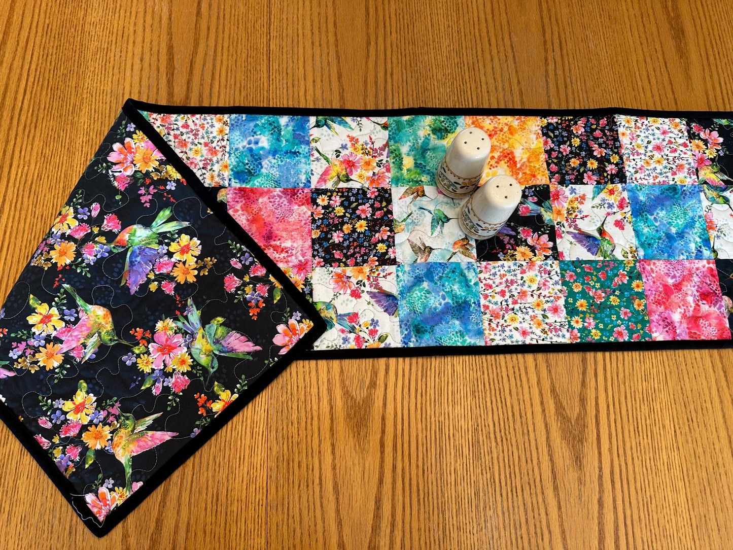 Reversible Quilted Table Runner: Hummingbirds & Flowers, 13 x 60, Kitchen Centerpiece, Dining Room Decor
