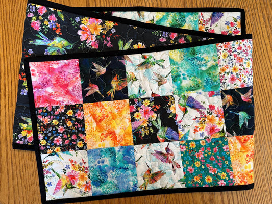 Reversible Quilted Table Runner: Hummingbirds & Flowers, 13 x 60, Kitchen Centerpiece, Dining Room Decor