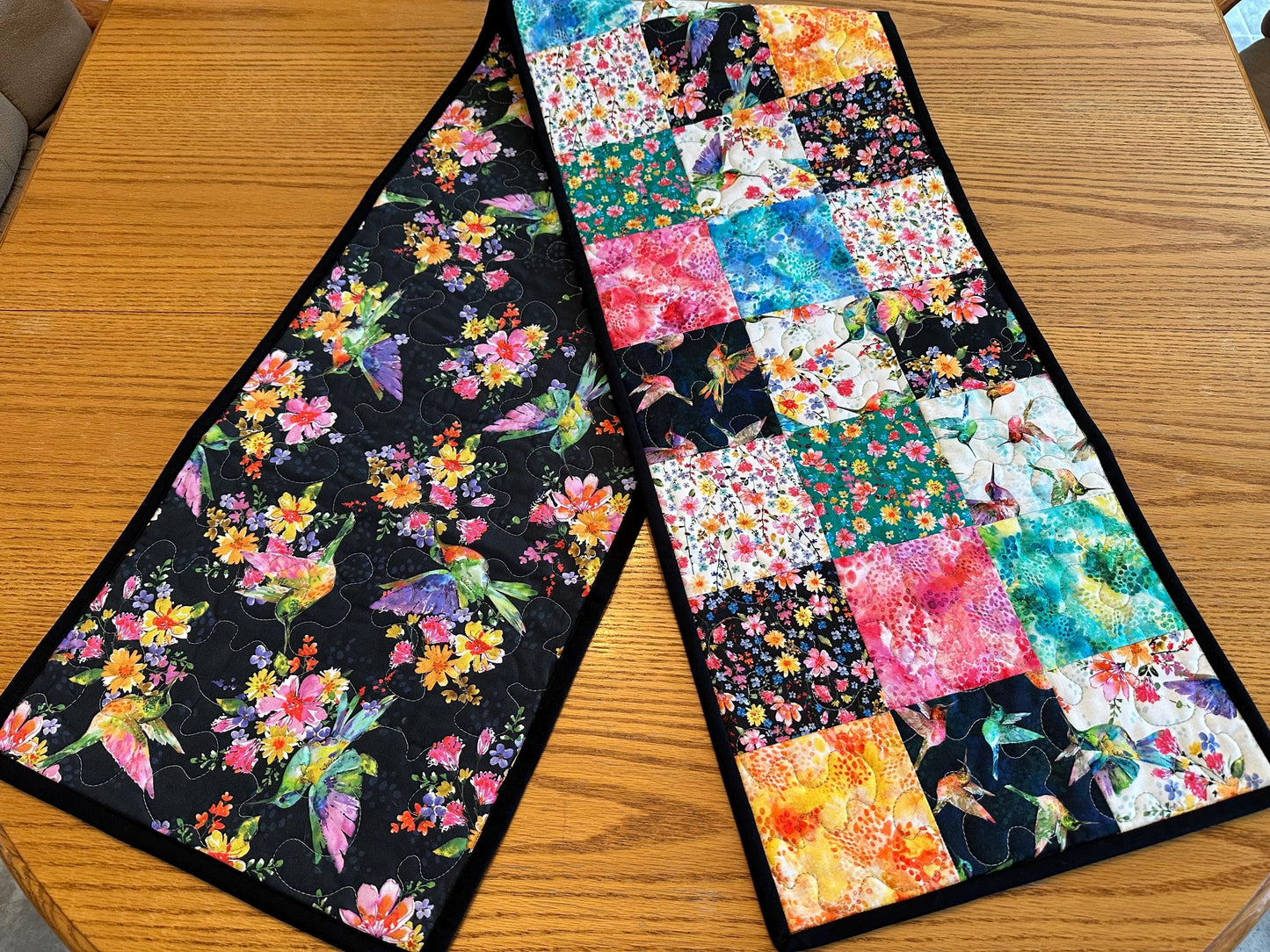 Reversible Quilted Table Runner: Hummingbirds & Flowers, 13 x 60, Kitchen Centerpiece, Dining Room Decor