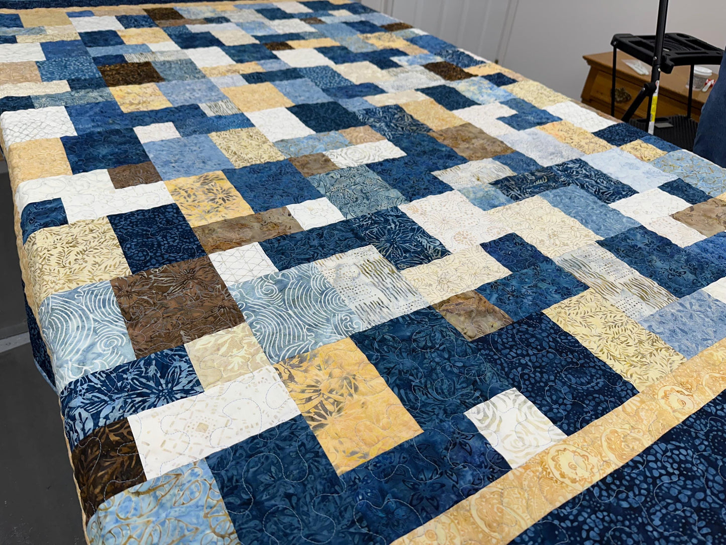 Handmade Blue Brown Batik Patchwork Quilt: 68x86 Throw for Couch, Sofa, Living Room Decor