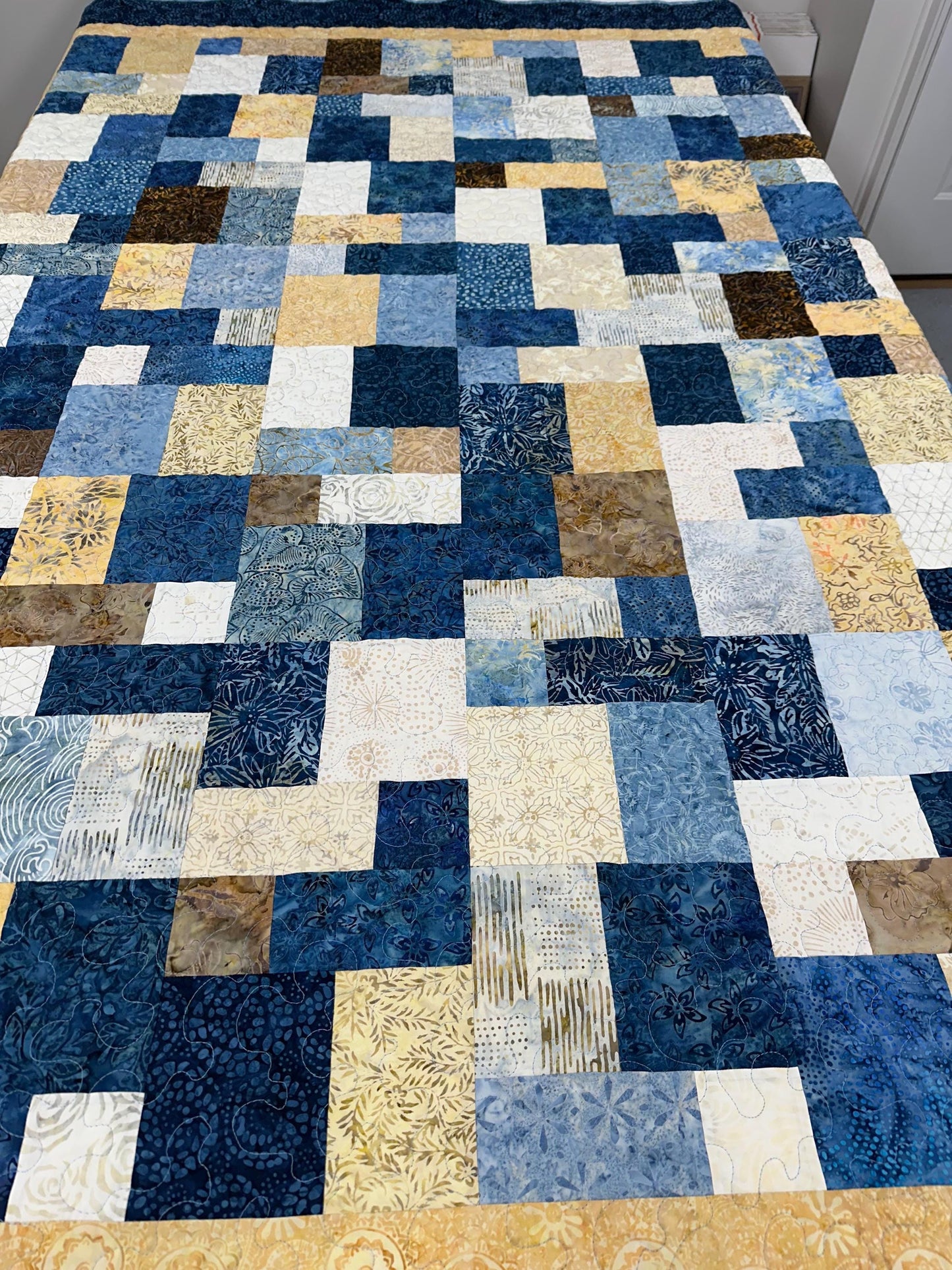 Handmade Blue Brown Batik Patchwork Quilt: 68x86 Throw for Couch, Sofa, Living Room Decor