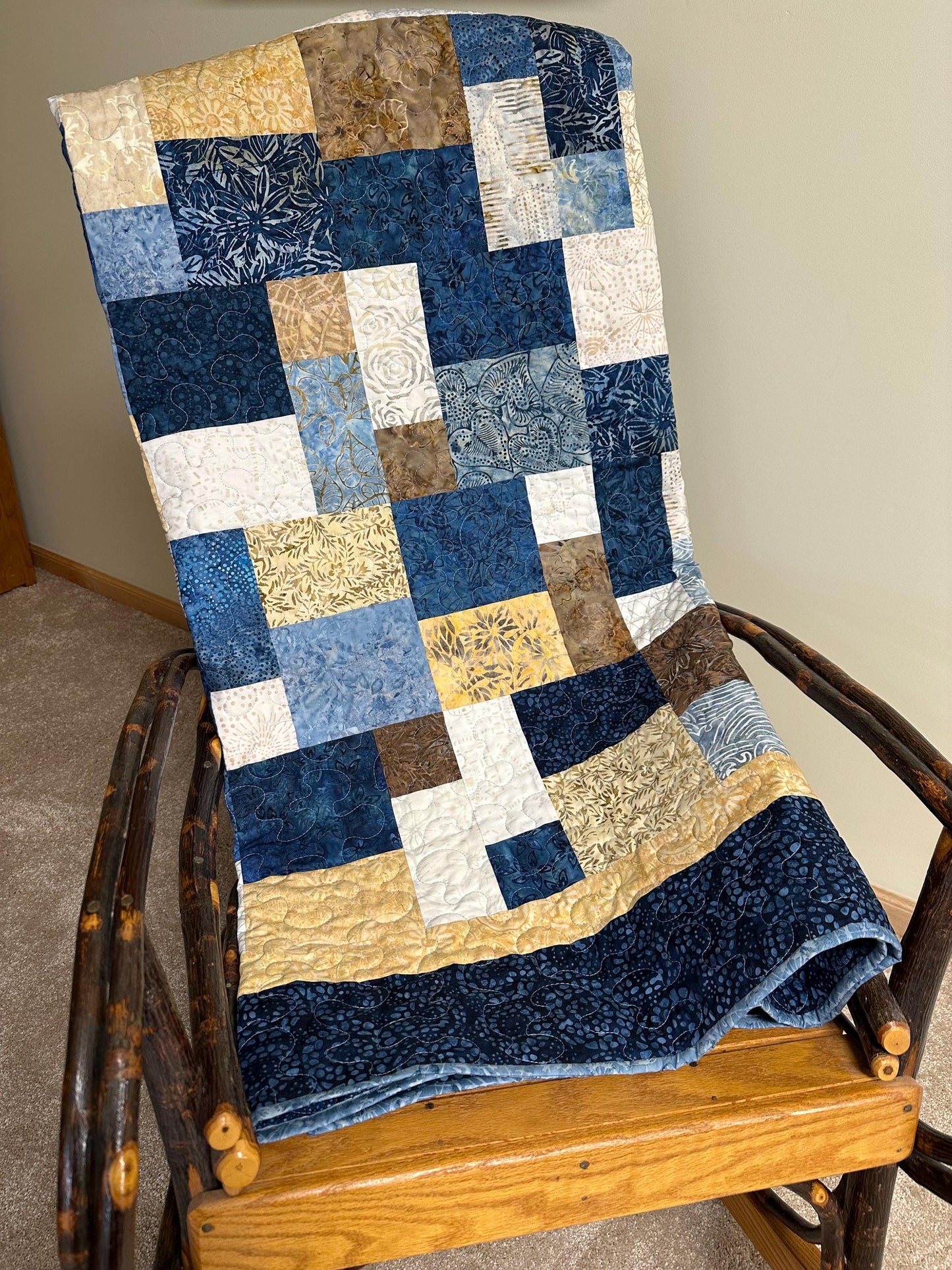 Handmade Blue Brown Batik Patchwork Quilt: 68x86 Throw for Couch, Sofa, Living Room Decor