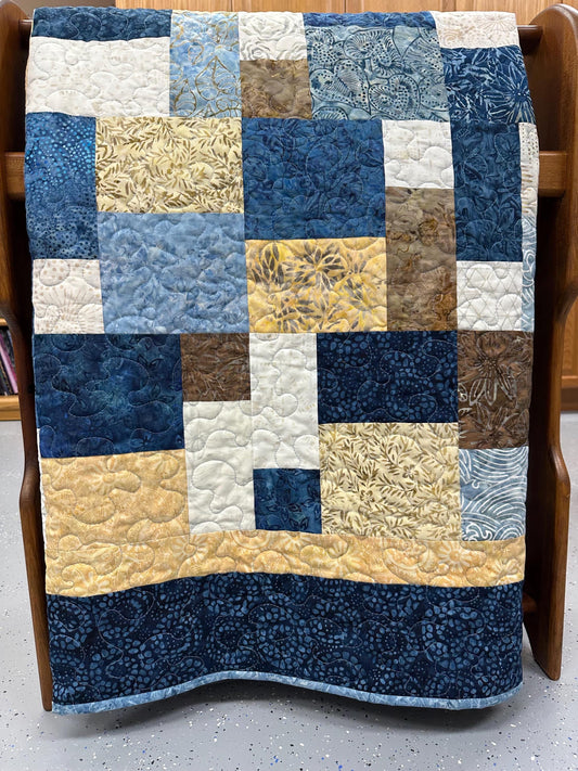 Handmade Blue Brown Batik Patchwork Quilt: 68x86 Throw for Couch, Sofa, Living Room Decor