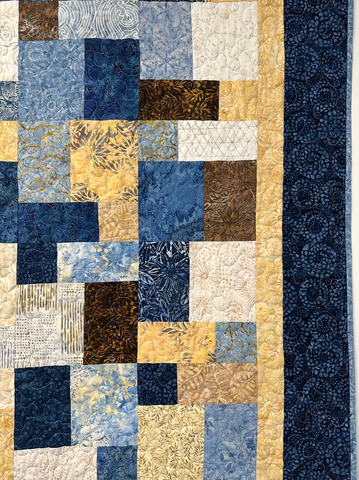 Handmade Blue Brown Batik Patchwork Quilt: 68x86 Throw for Couch, Sofa, Living Room Decor