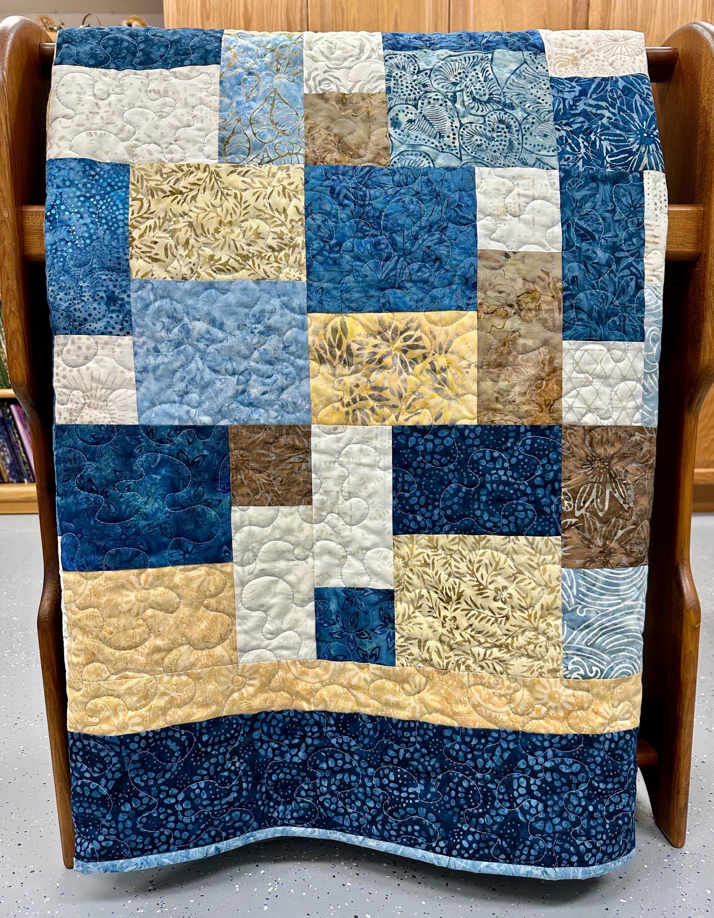 Handmade Blue Brown Batik Patchwork Quilt: 68x86 Throw for Couch, Sofa, Living Room Decor