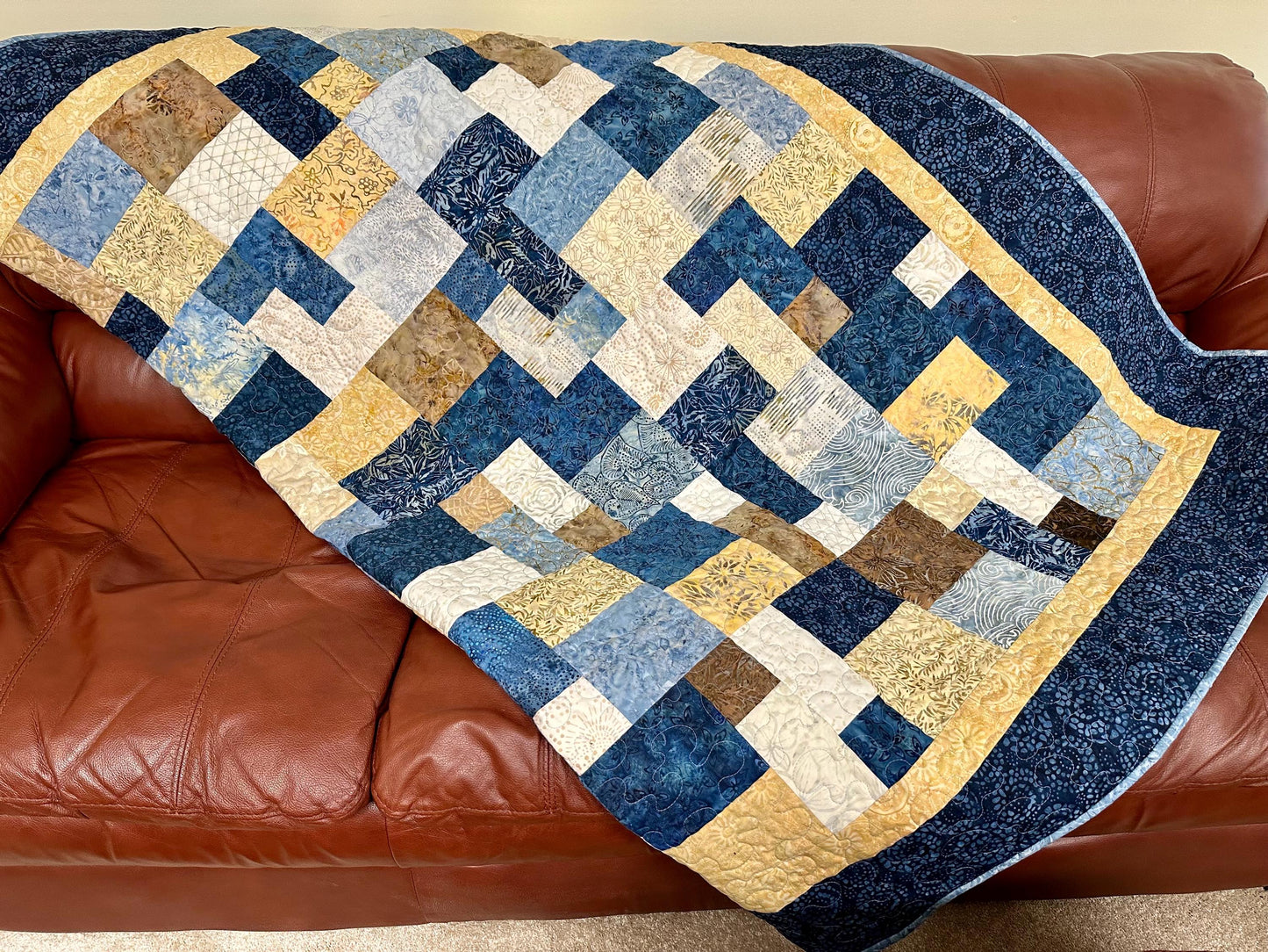 Handmade Blue Brown Batik Patchwork Quilt: 68x86 Throw for Couch, Sofa, Living Room Decor