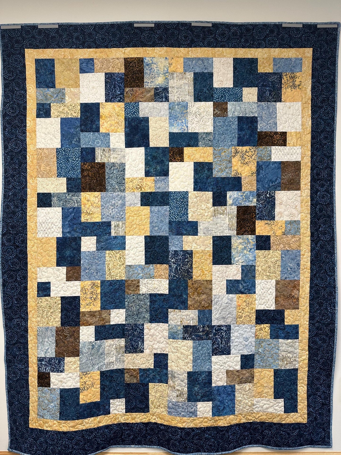 Handmade Blue Brown Batik Patchwork Quilt: 68x86 Throw for Couch, Sofa, Living Room Decor