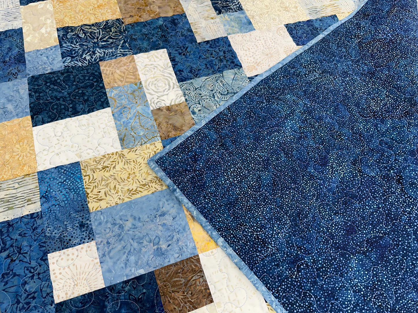 Handmade Blue Brown Batik Patchwork Quilt: 68x86 Throw for Couch, Sofa, Living Room Decor