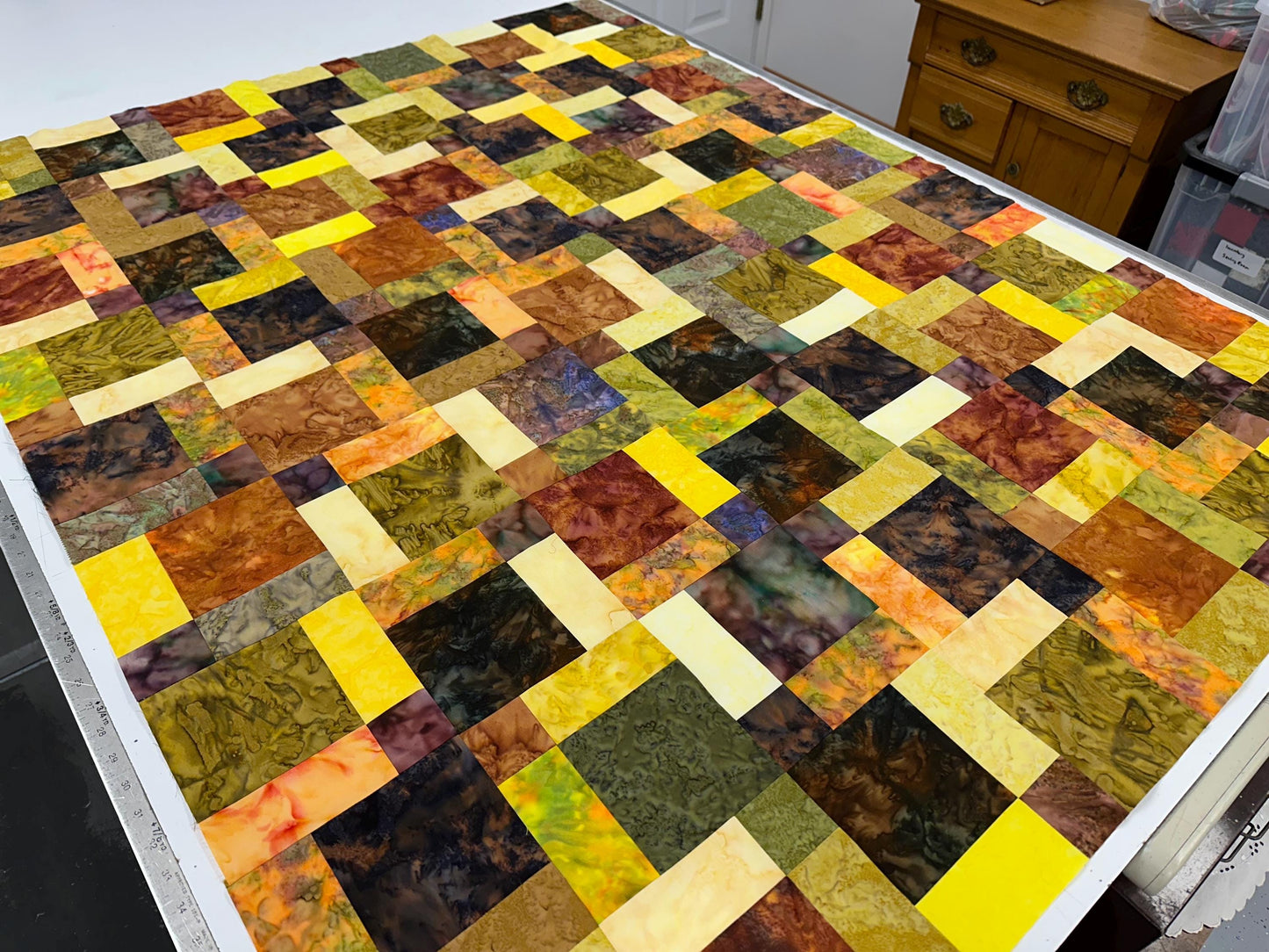 Unfinished Fall Batik Quilt Top: Sofa Throw Size 45x58 Inches, Cozy Autumn Decor