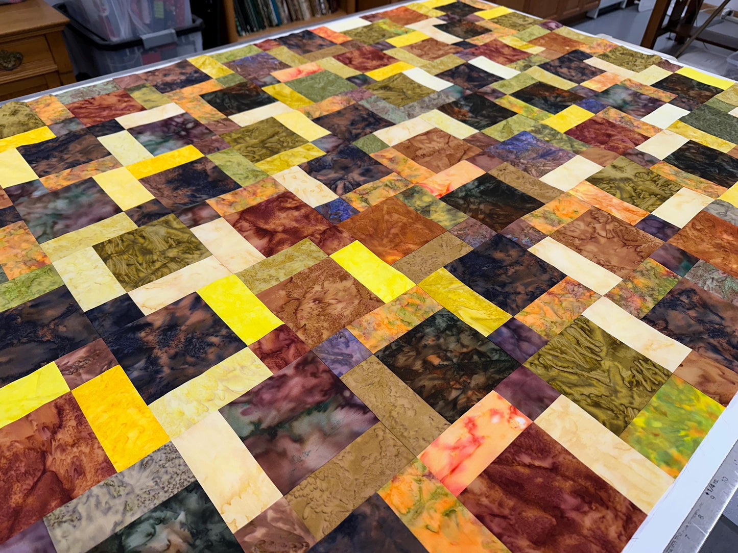 Unfinished Fall Batik Quilt Top: Sofa Throw Size 45x58 Inches, Cozy Autumn Decor