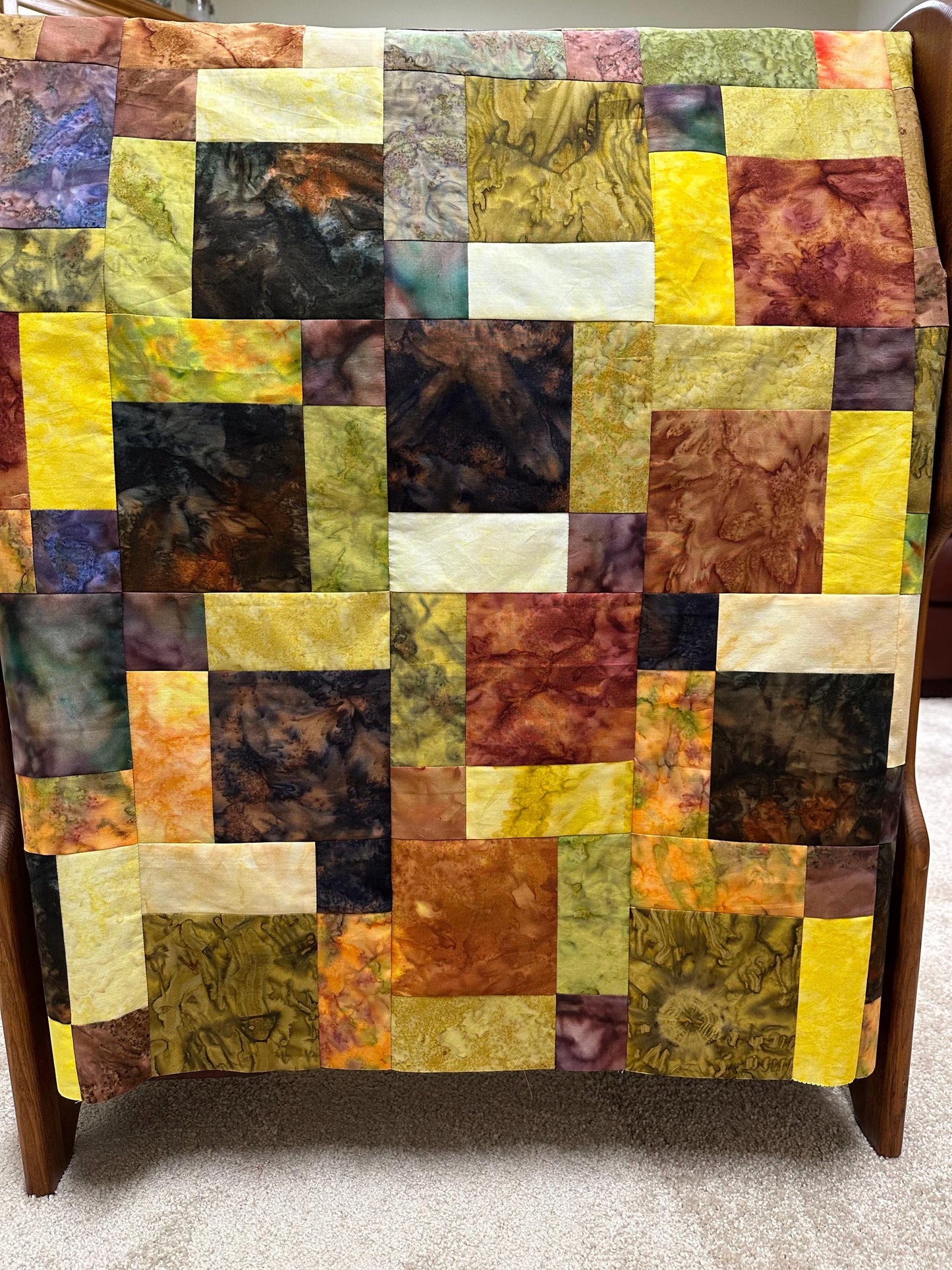 Unfinished Fall Batik Quilt Top: Sofa Throw Size 45x58 Inches, Cozy Autumn Decor