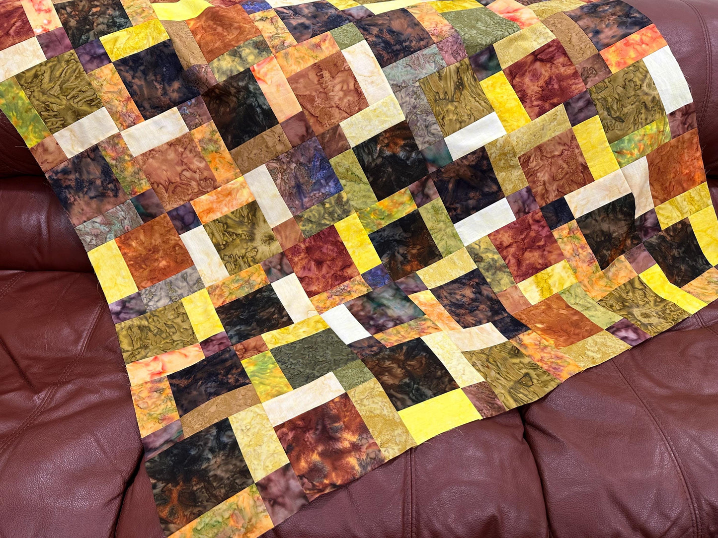 Unfinished Fall Batik Quilt Top: Sofa Throw Size 45x58 Inches, Cozy Autumn Decor