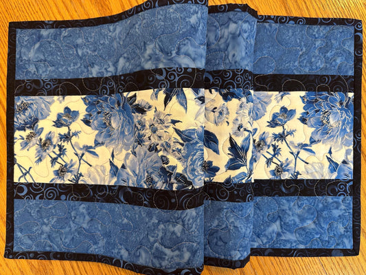 Blue Floral Quilted Table Runner, 14 x 42, Handmade Kitchen Decor Centerpiece