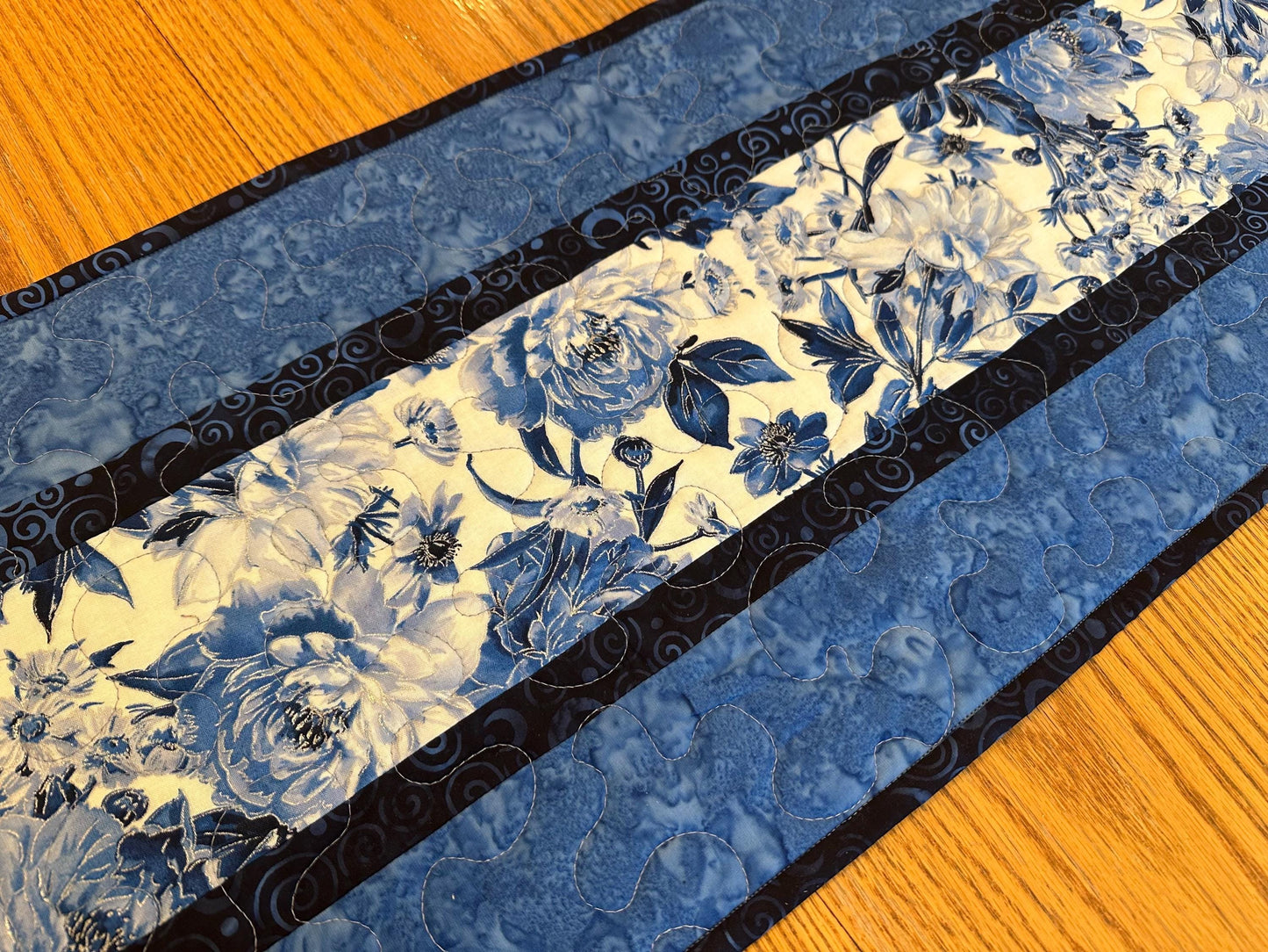 Blue Floral Quilted Table Runner, 14 x 42, Handmade Kitchen Decor Centerpiece