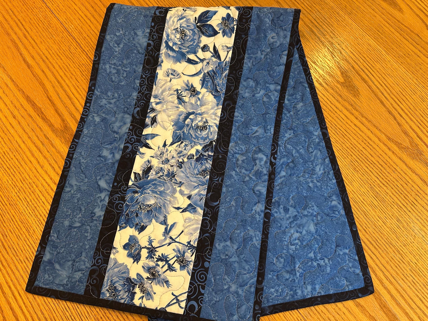 Blue Floral Quilted Table Runner, 14 x 42, Handmade Kitchen Decor Centerpiece