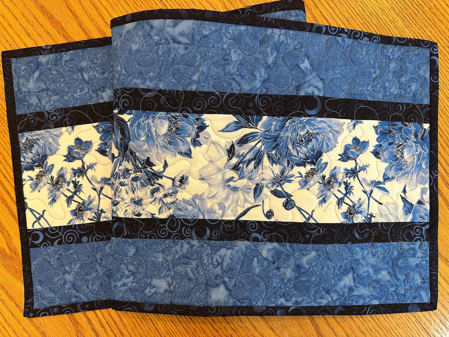 Blue Floral Quilted Table Runner, 14 x 42, Handmade Kitchen Decor Centerpiece