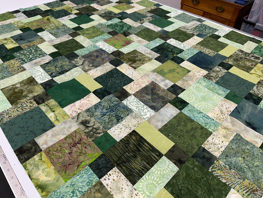 Unfinished Green Batik Quilt Top: Lap/Sofa Throw Size 45x58 inches, Ready for Quilting