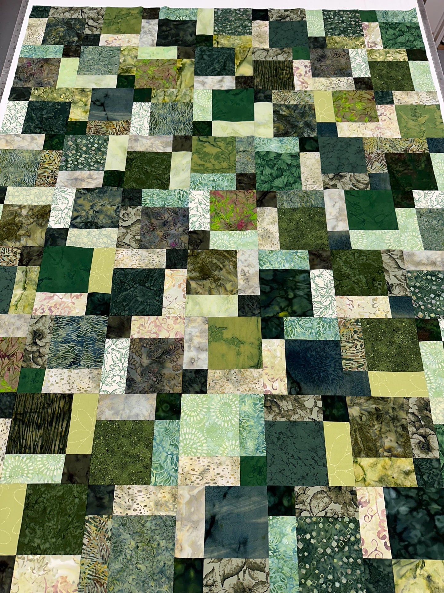 Unfinished Green Batik Quilt Top: Lap/Sofa Throw Size 45x58 inches, Ready for Quilting