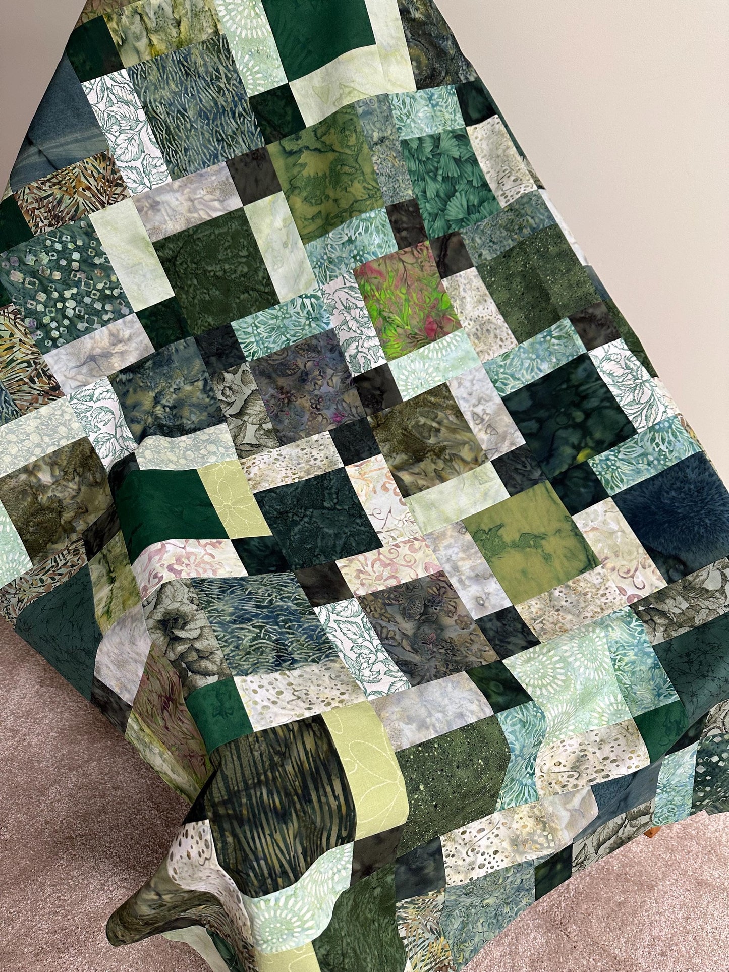 Unfinished Green Batik Quilt Top: Lap/Sofa Throw Size 45x58 inches, Ready for Quilting