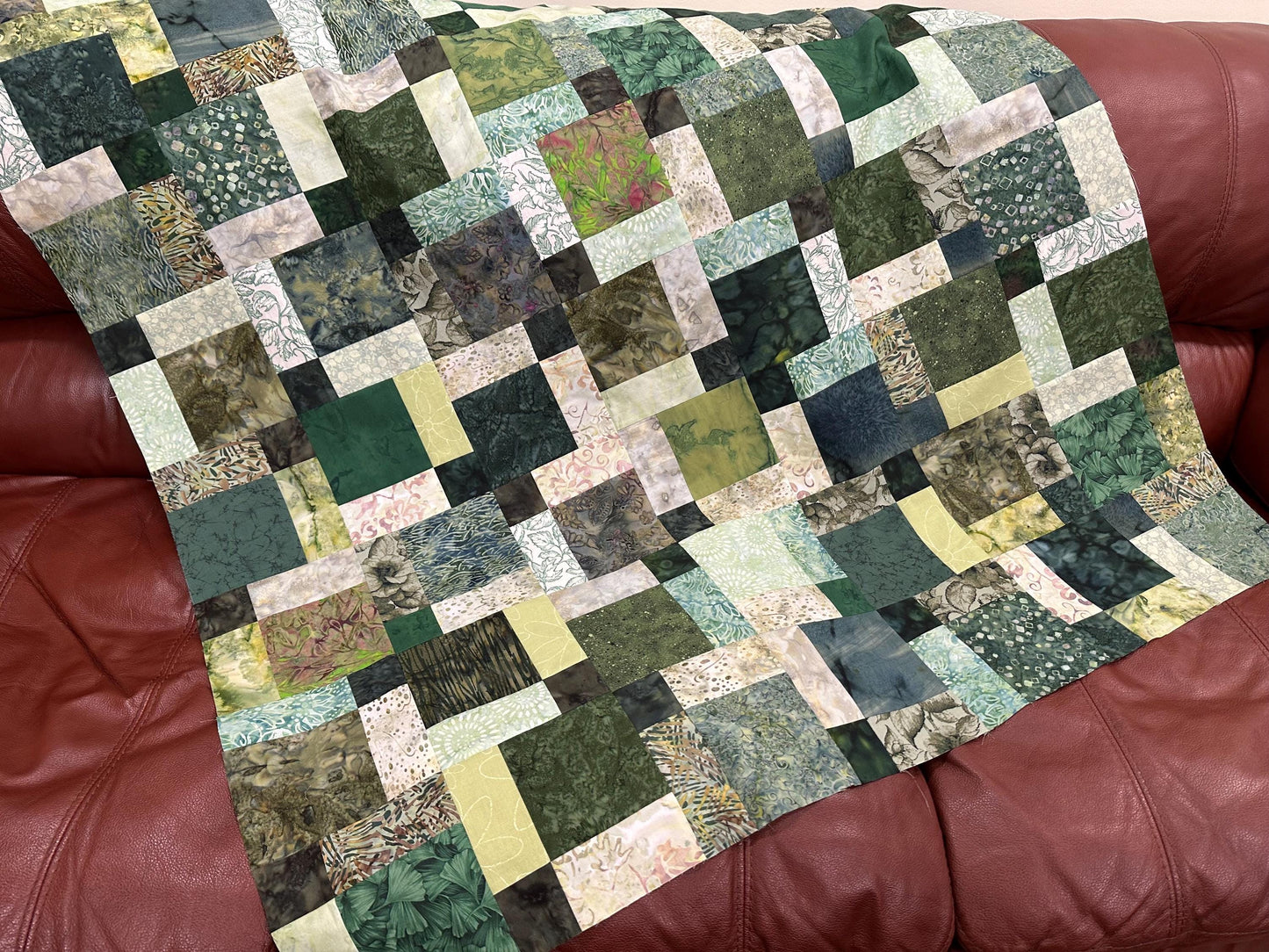 Unfinished Green Batik Quilt Top: Lap/Sofa Throw Size 45x58 inches, Ready for Quilting