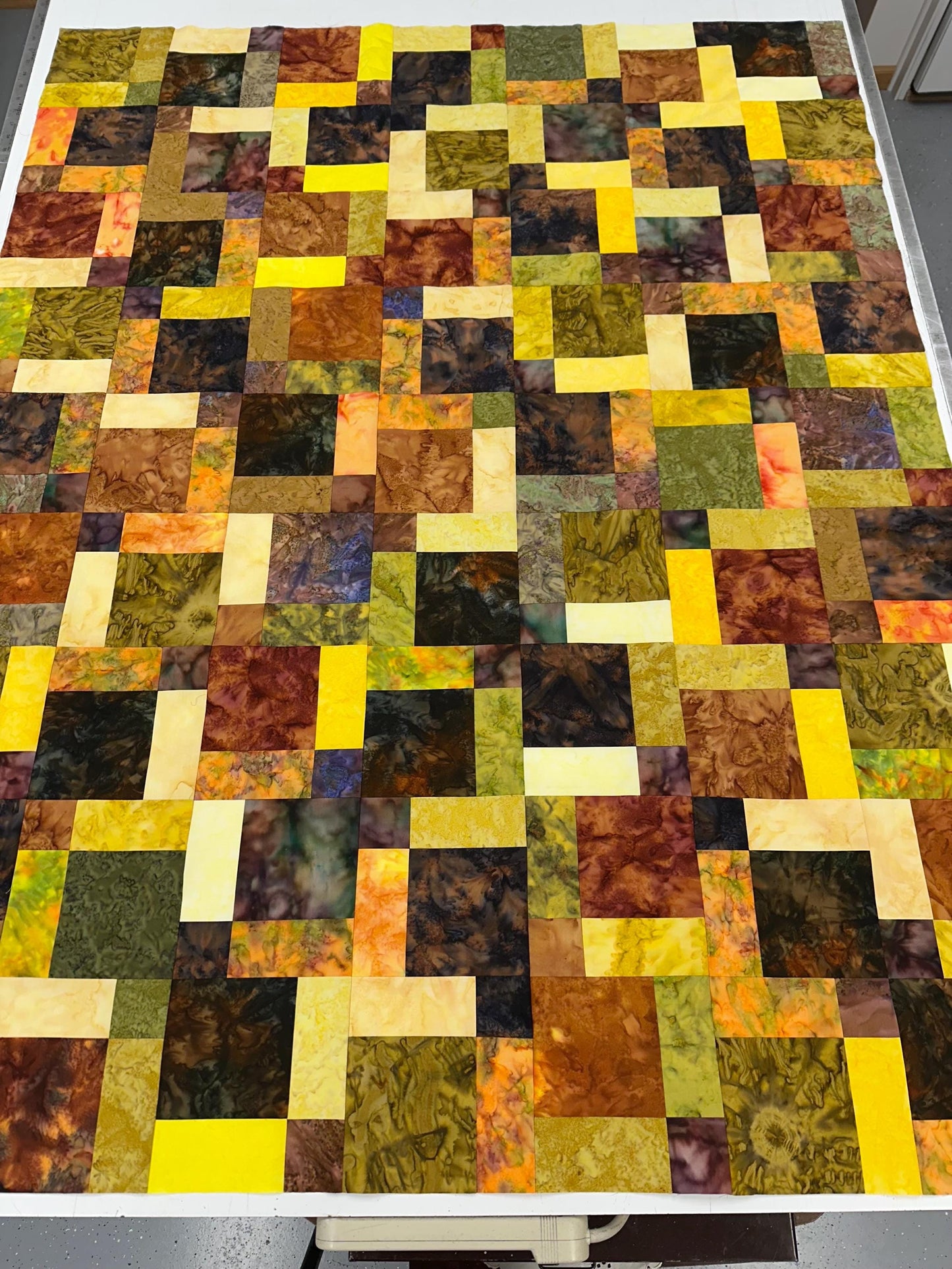 Unfinished Fall Batik Quilt Top: Sofa Throw Size 45x58 Inches, Cozy Autumn Decor