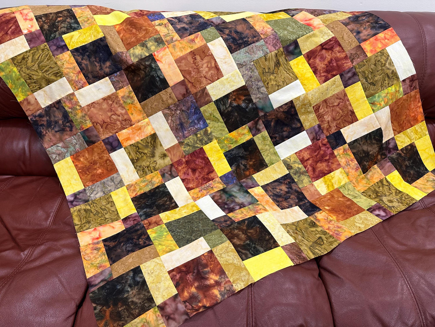Unfinished Fall Batik Quilt Top: Sofa Throw Size 45x58 Inches, Cozy Autumn Decor