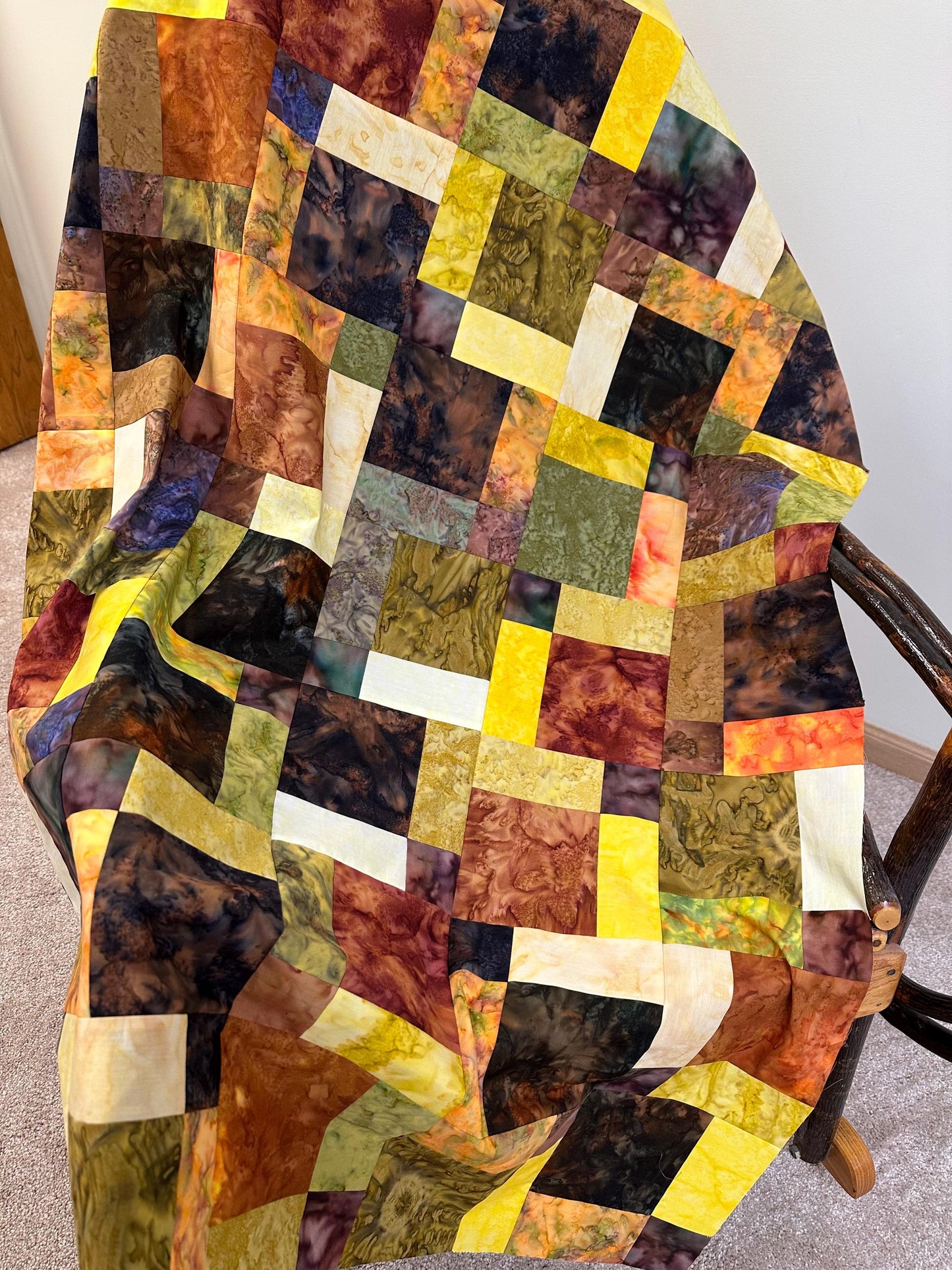 Unfinished Fall Batik Quilt Top: Sofa Throw Size 45x58 Inches, Cozy Autumn Decor