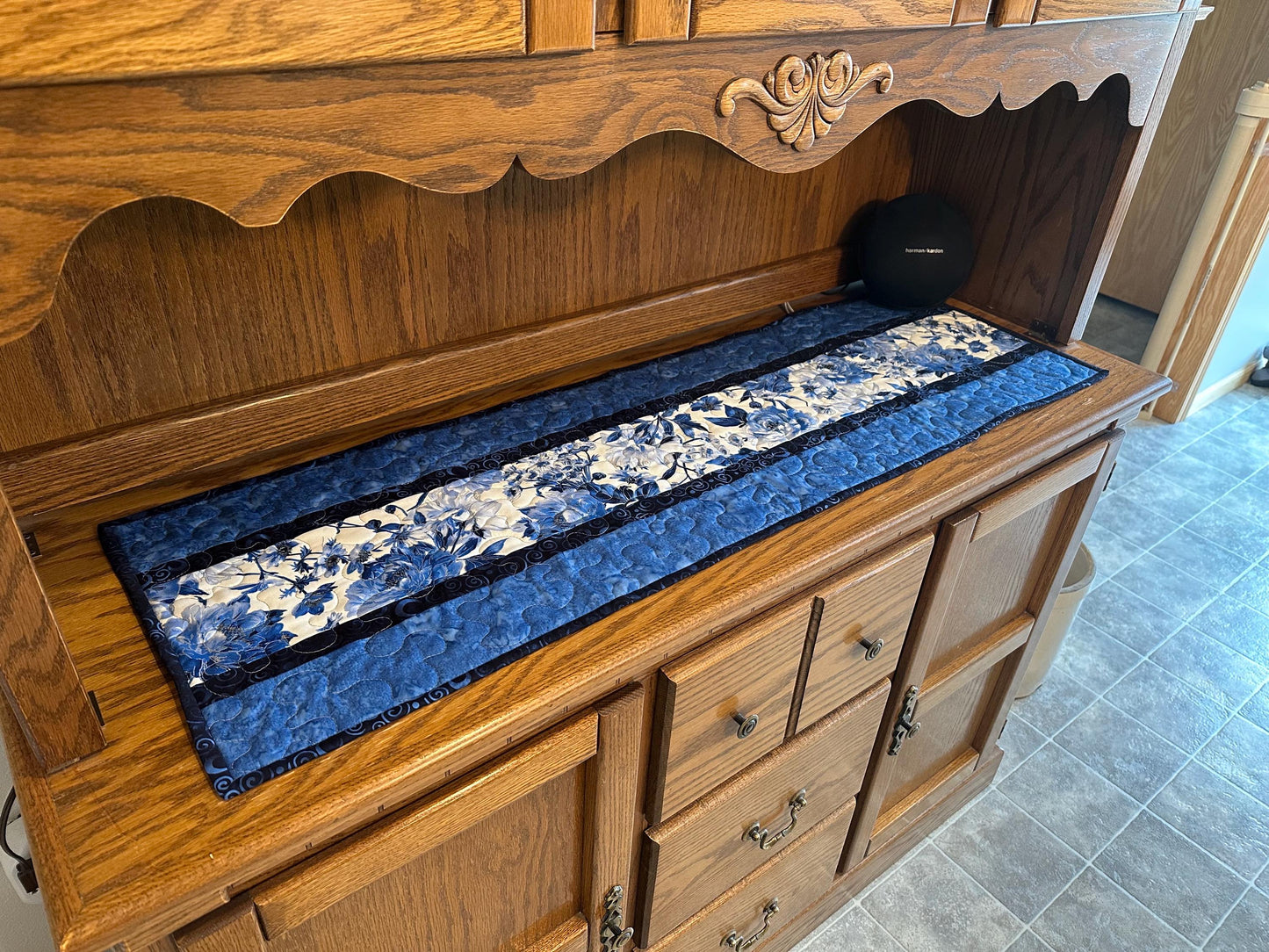 Blue Floral Quilted Table Runner, 14 x 42, Handmade Kitchen Decor Centerpiece