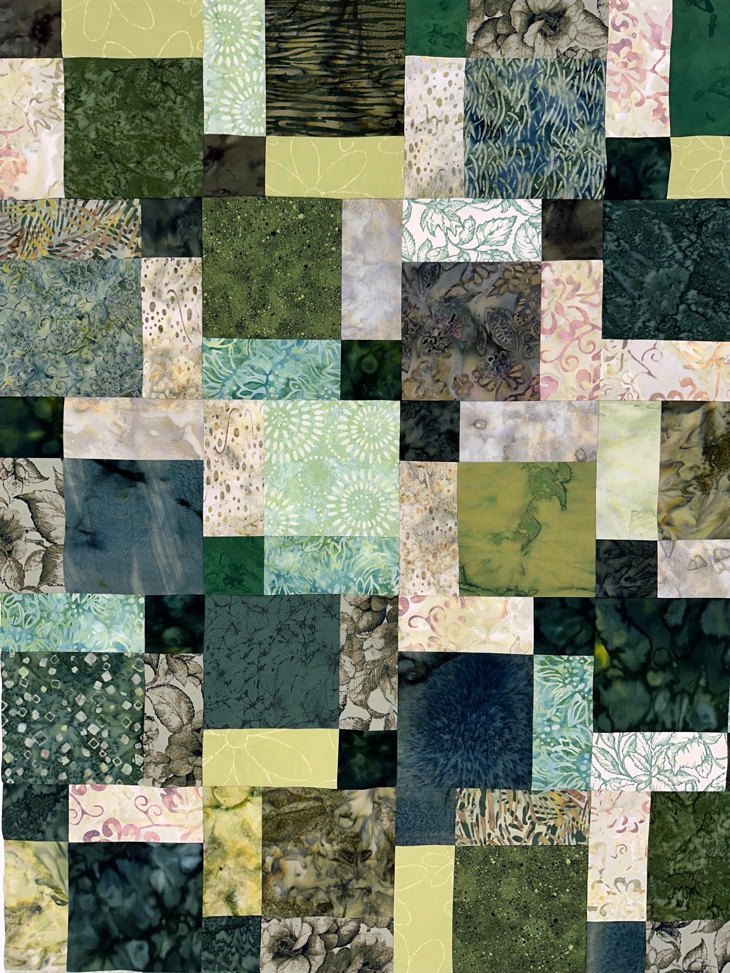 Unfinished Green Batik Quilt Top: Lap/Sofa Throw Size 45x58 inches, Ready for Quilting