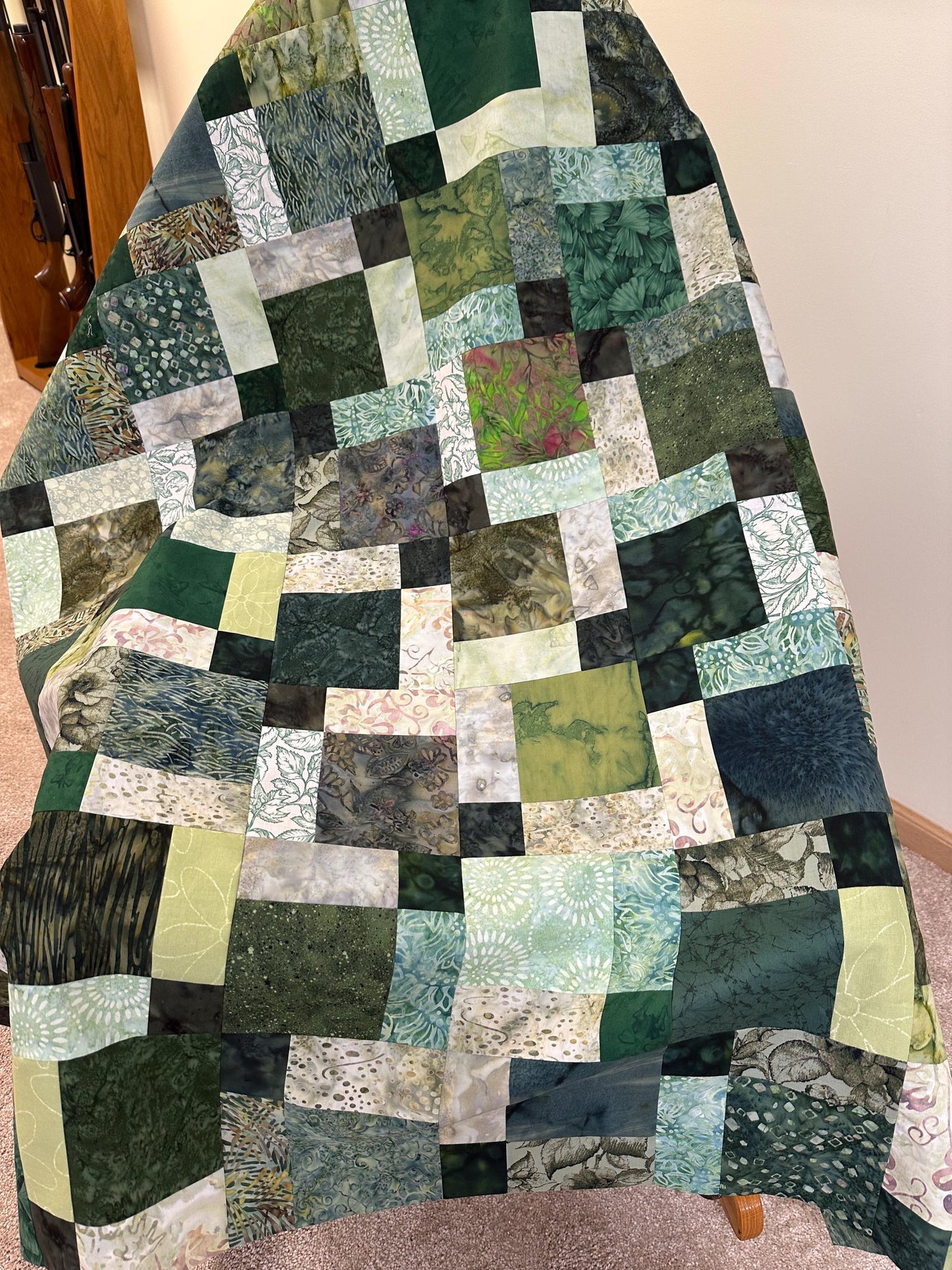 Unfinished Green Batik Quilt Top: Lap/Sofa Throw Size 45x58 inches, Ready for Quilting