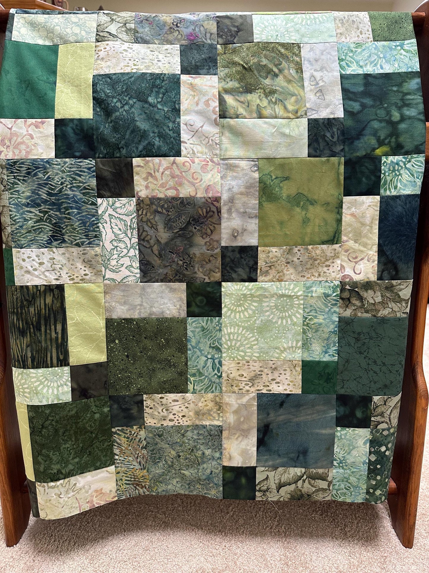 Unfinished Green Batik Quilt Top: Lap/Sofa Throw Size 45x58 inches, Ready for Quilting