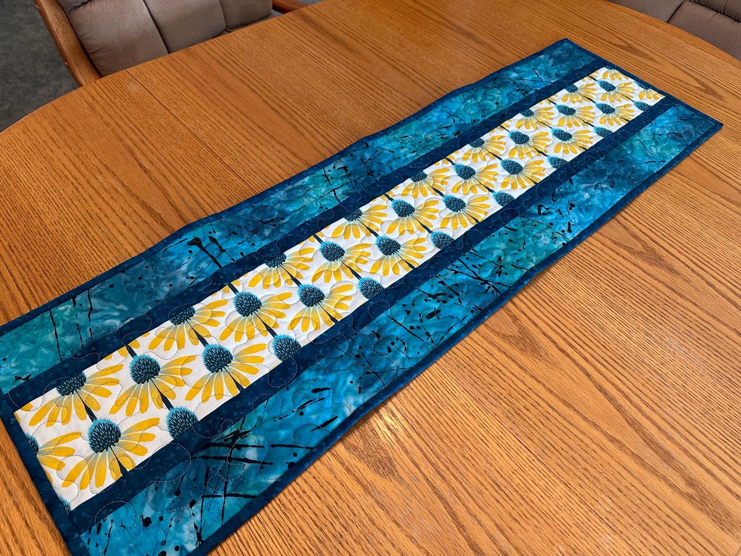 Reversible Quilted Table Runner: Blue & Yellow Floral, Centerpiece Kitchen, 14 x 42, Dining Room Decor