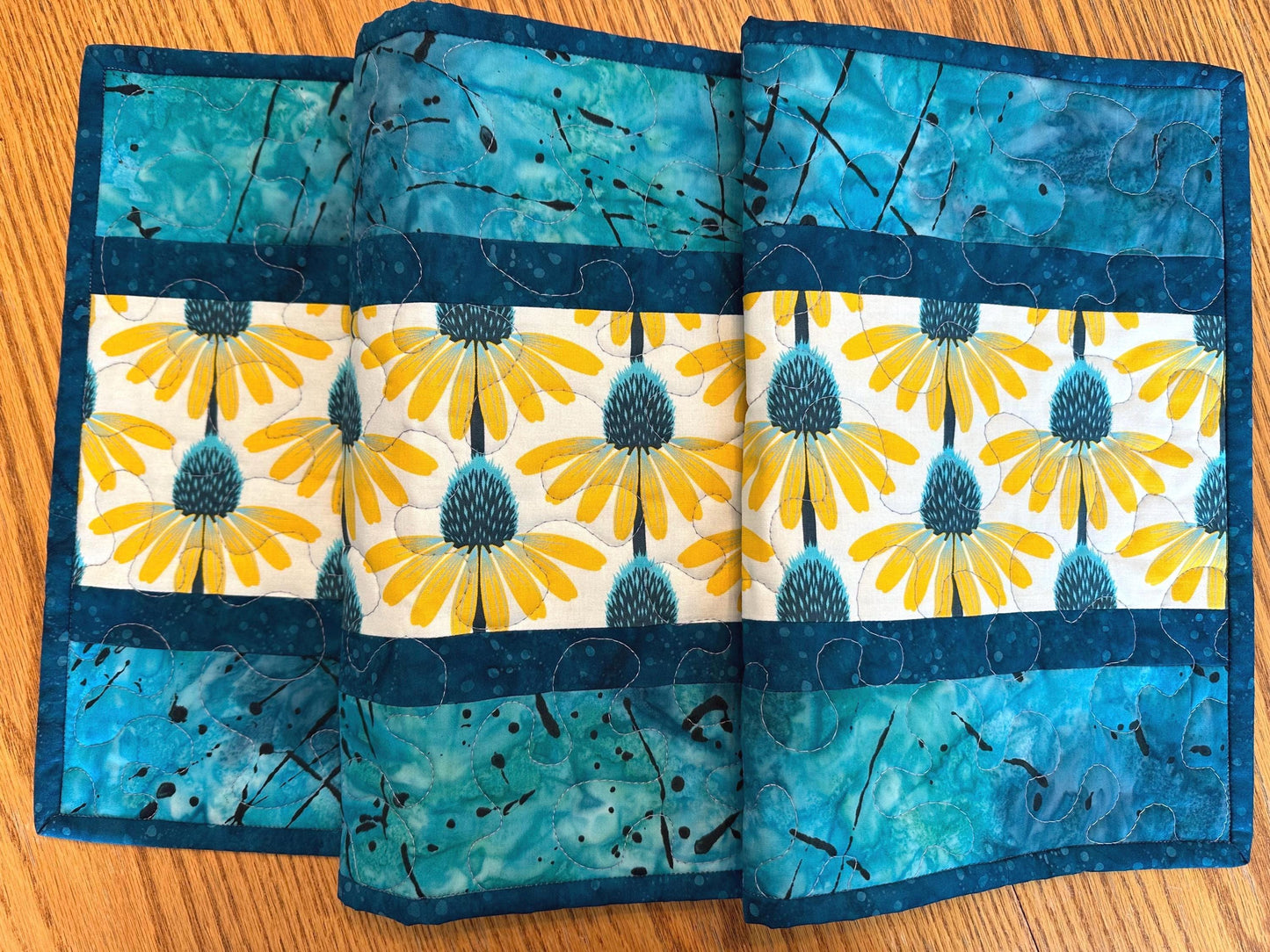 Reversible Quilted Table Runner: Blue & Yellow Floral, Centerpiece Kitchen, 14 x 42, Dining Room Decor