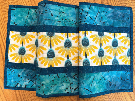 Reversible Quilted Table Runner: Blue & Yellow Floral, Centerpiece Kitchen, 14 x 42, Dining Room Decor