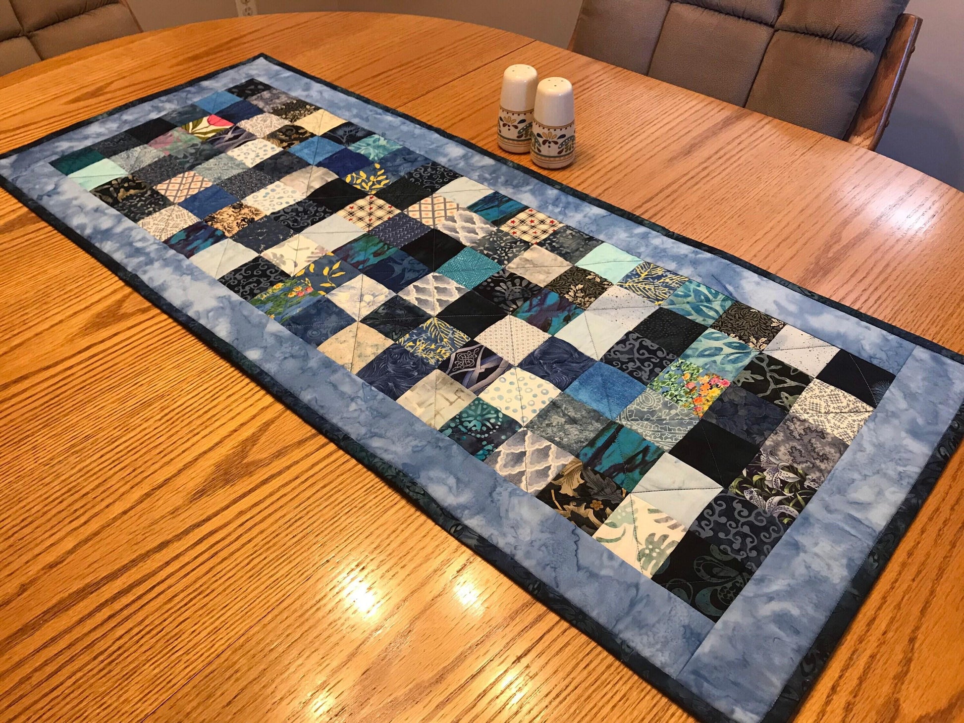 Handmade Blue Quilted Table Runner 16x40 - Custom Kitchen & Dining Room Decor Accent