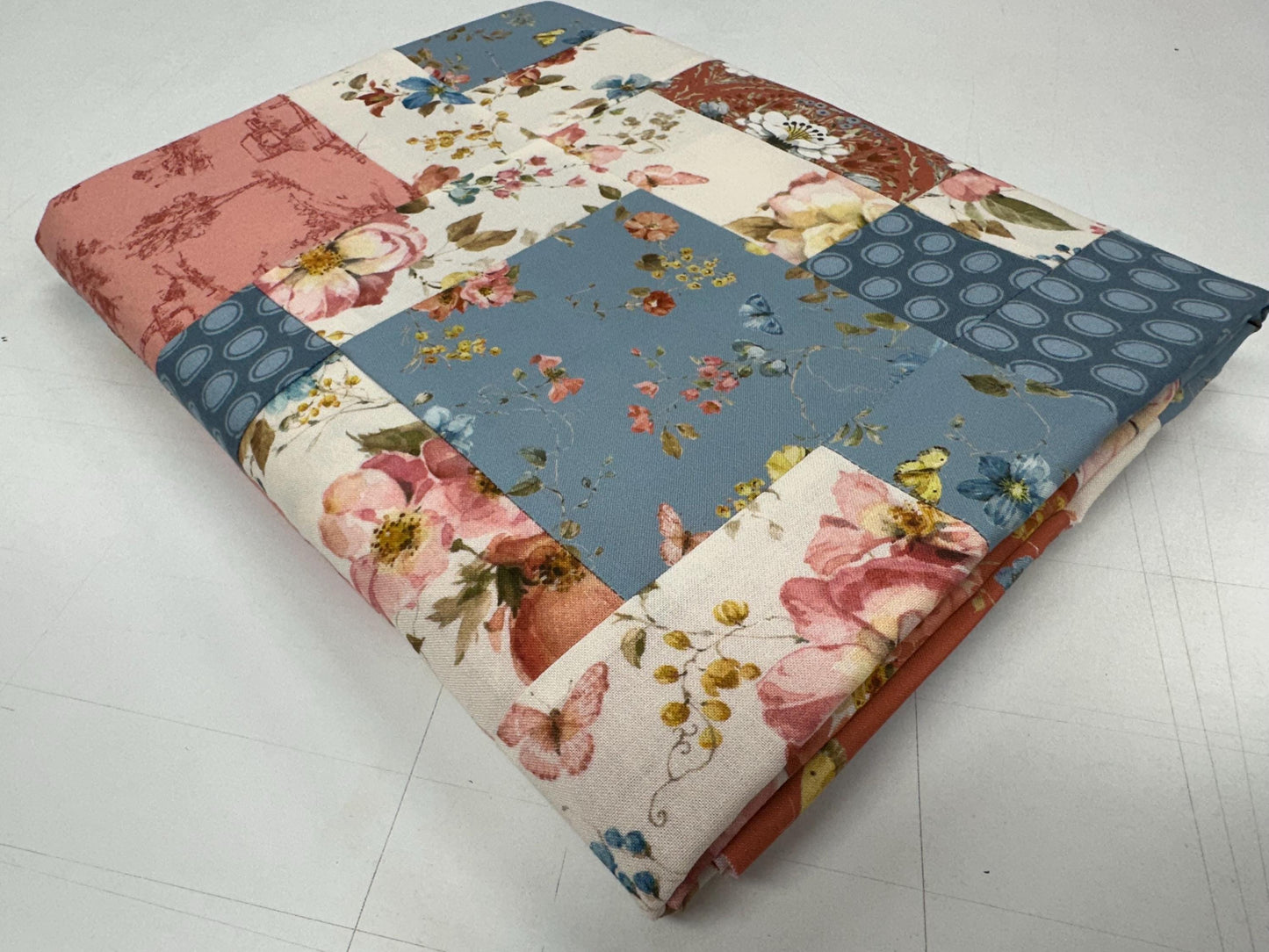 Handmade Floral Patchwork Unfinished Quilt Top: Blue & Red Country Lap Throw (58x72 inches)