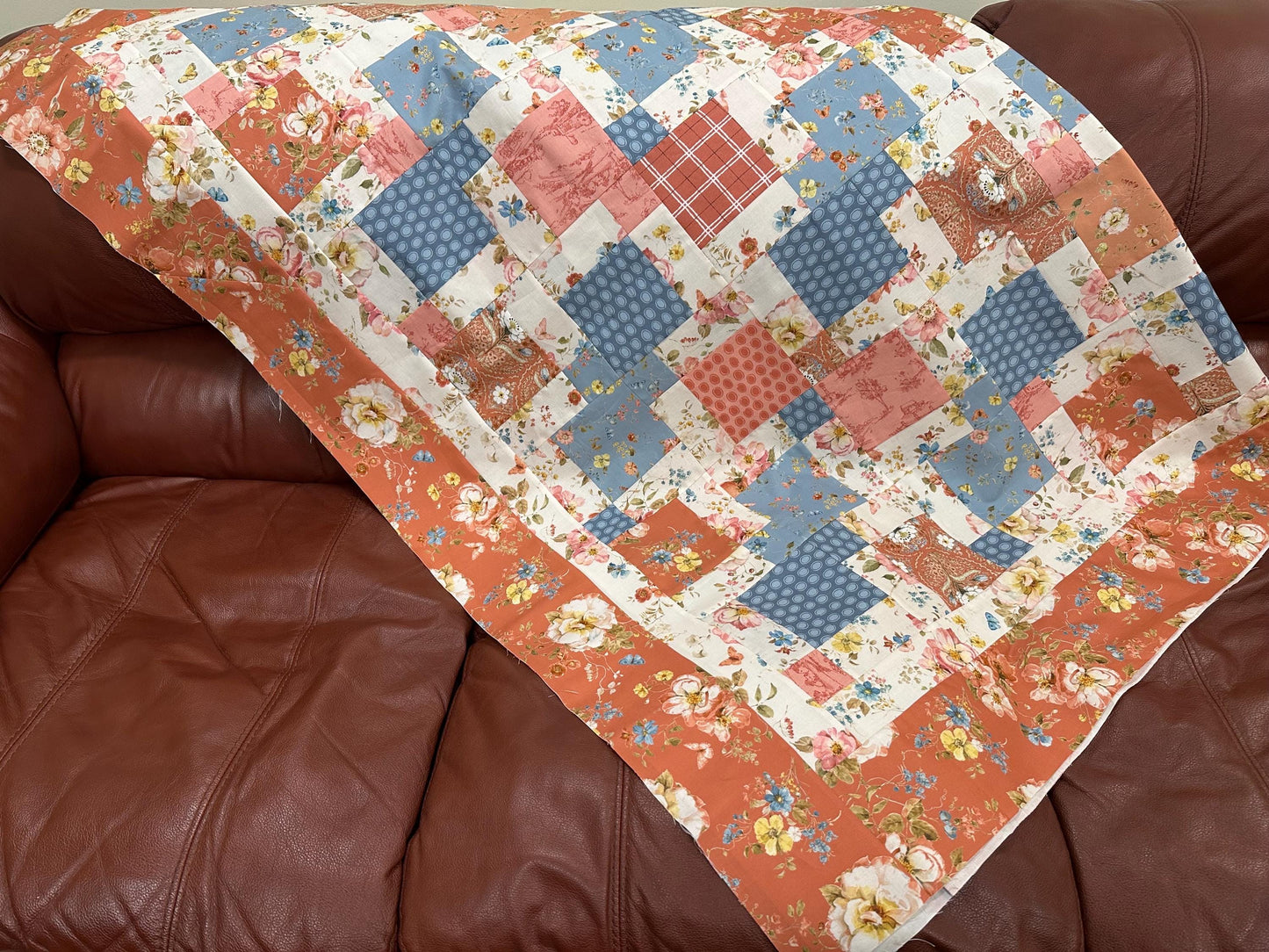 Handmade Floral Patchwork Unfinished Quilt Top: Blue & Red Country Lap Throw (58x72 inches)