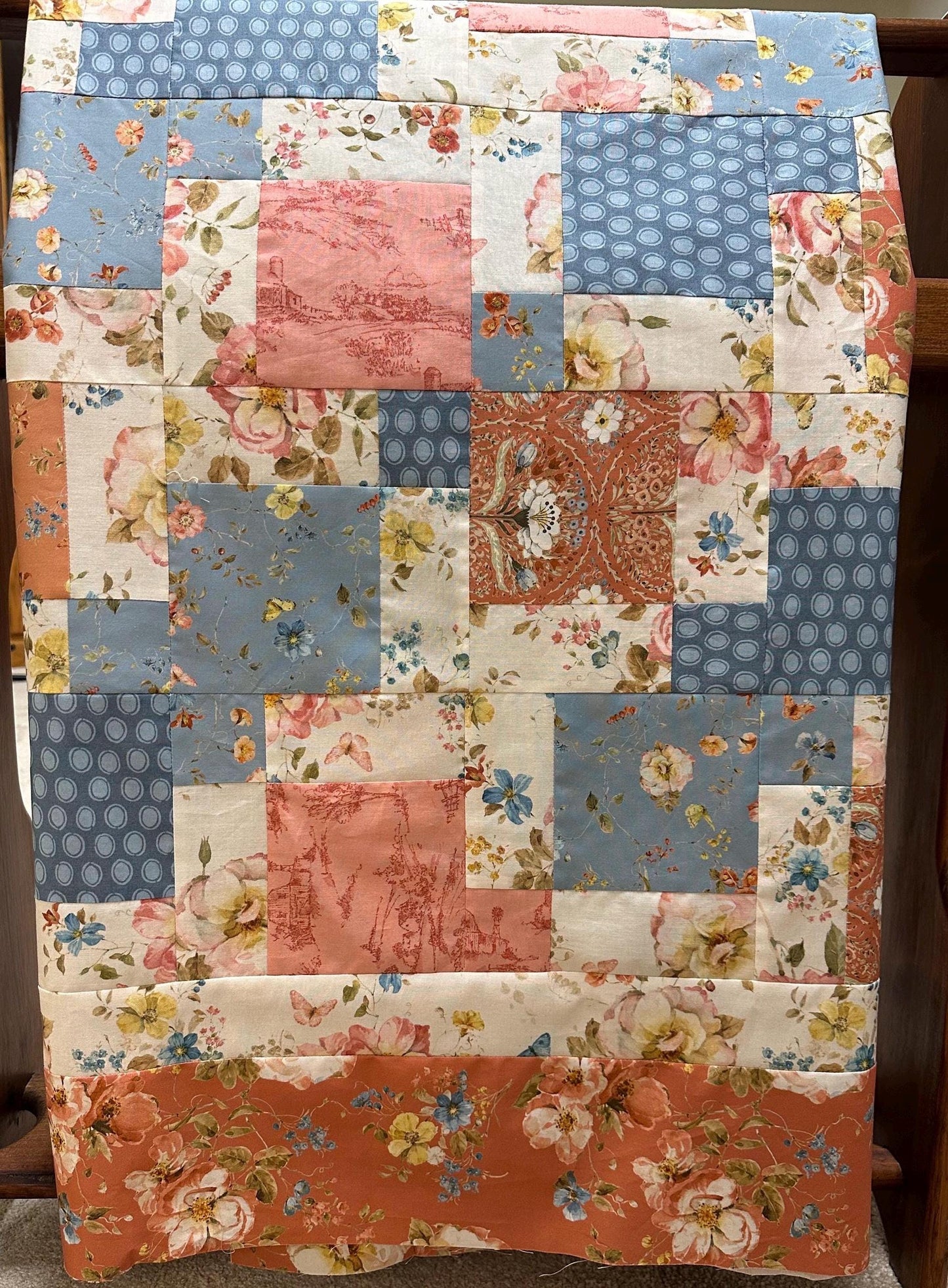 Handmade Floral Patchwork Unfinished Quilt Top: Blue & Red Country Lap Throw (58x72 inches)