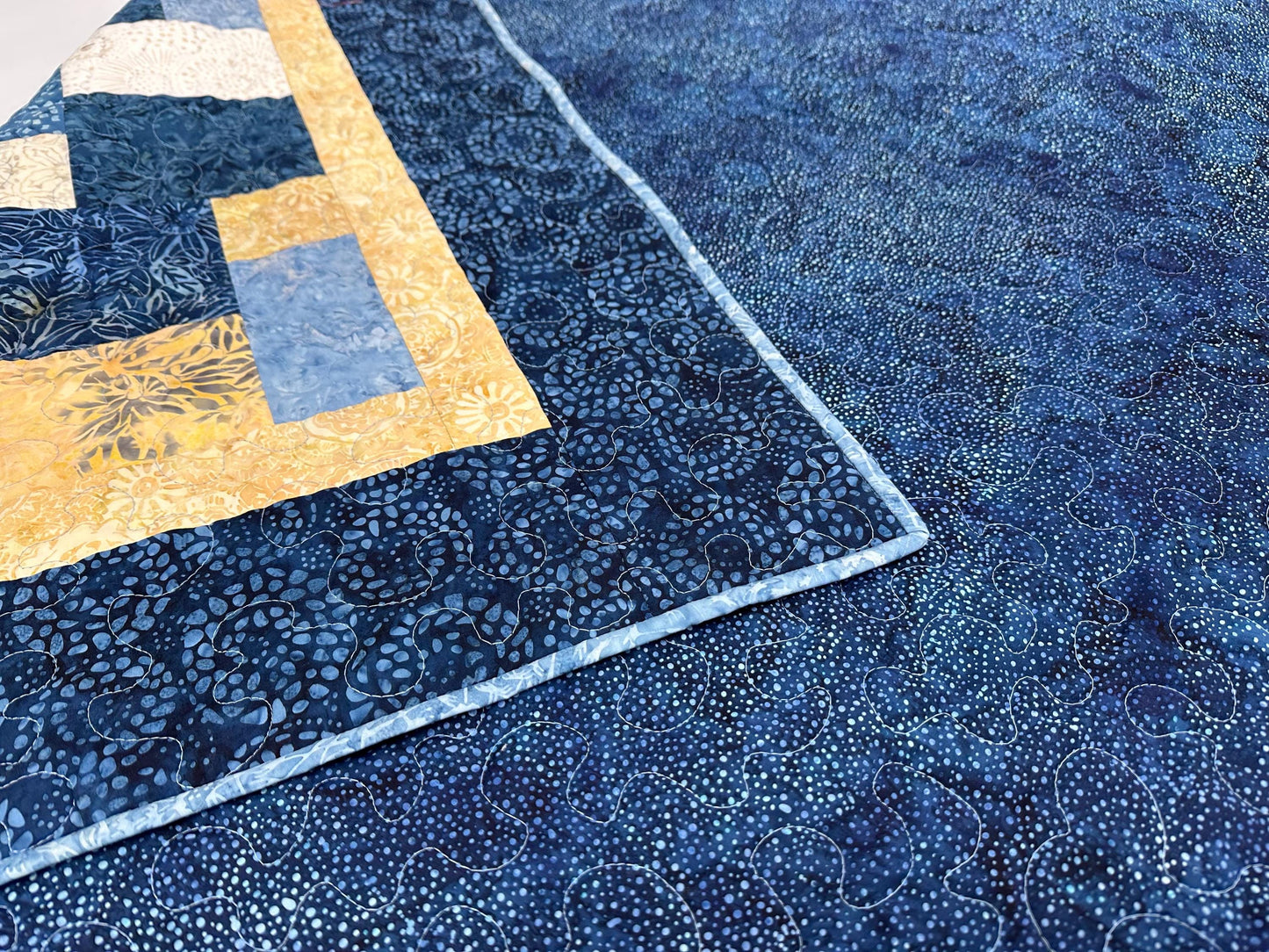 Handmade Blue Brown Batik Patchwork Quilt: 68x86 Throw for Couch, Sofa, Living Room Decor