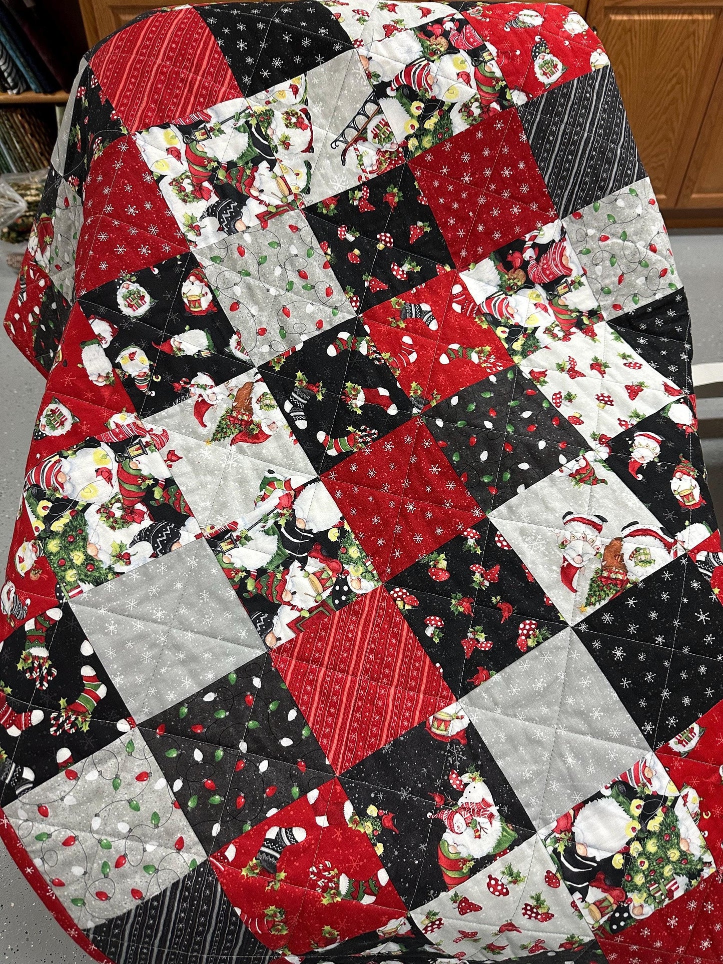 Handmade Christmas Gnome Lap Quilt: Festive Patchwork Throw for Sofa, 55x64 inches