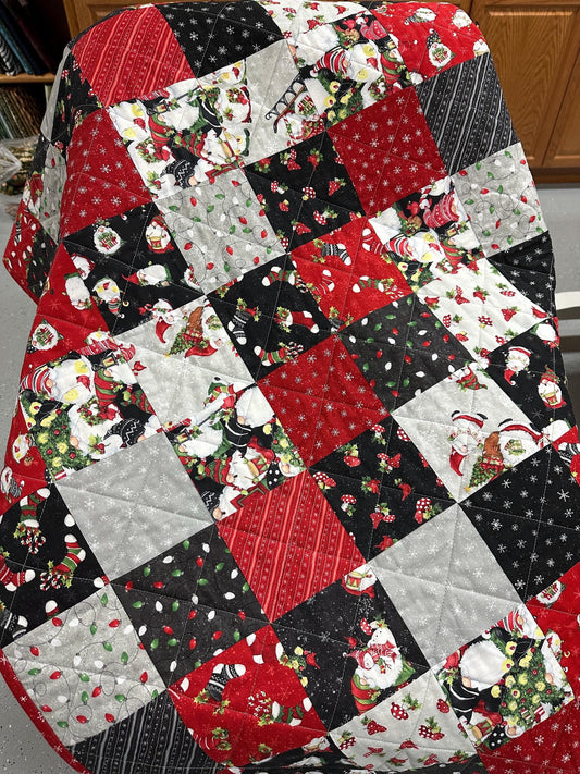 Handmade Christmas Gnome Lap Quilt: Festive Patchwork Throw for Sofa, 55x64 inches