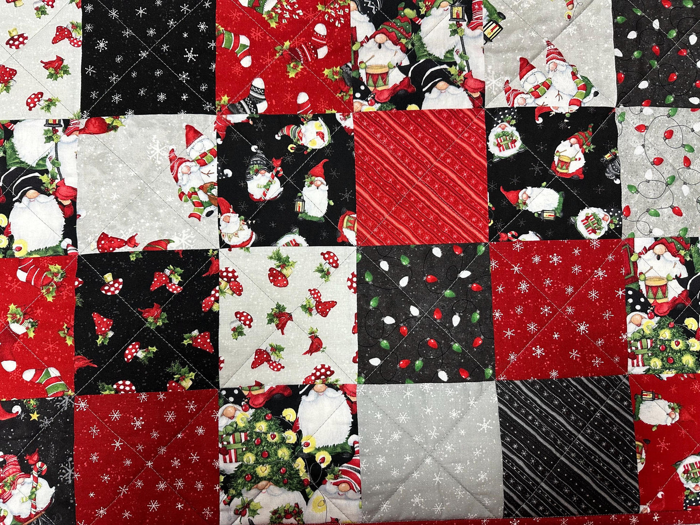 Handmade Christmas Gnome Lap Quilt: Festive Patchwork Throw for Sofa, 55x64 inches